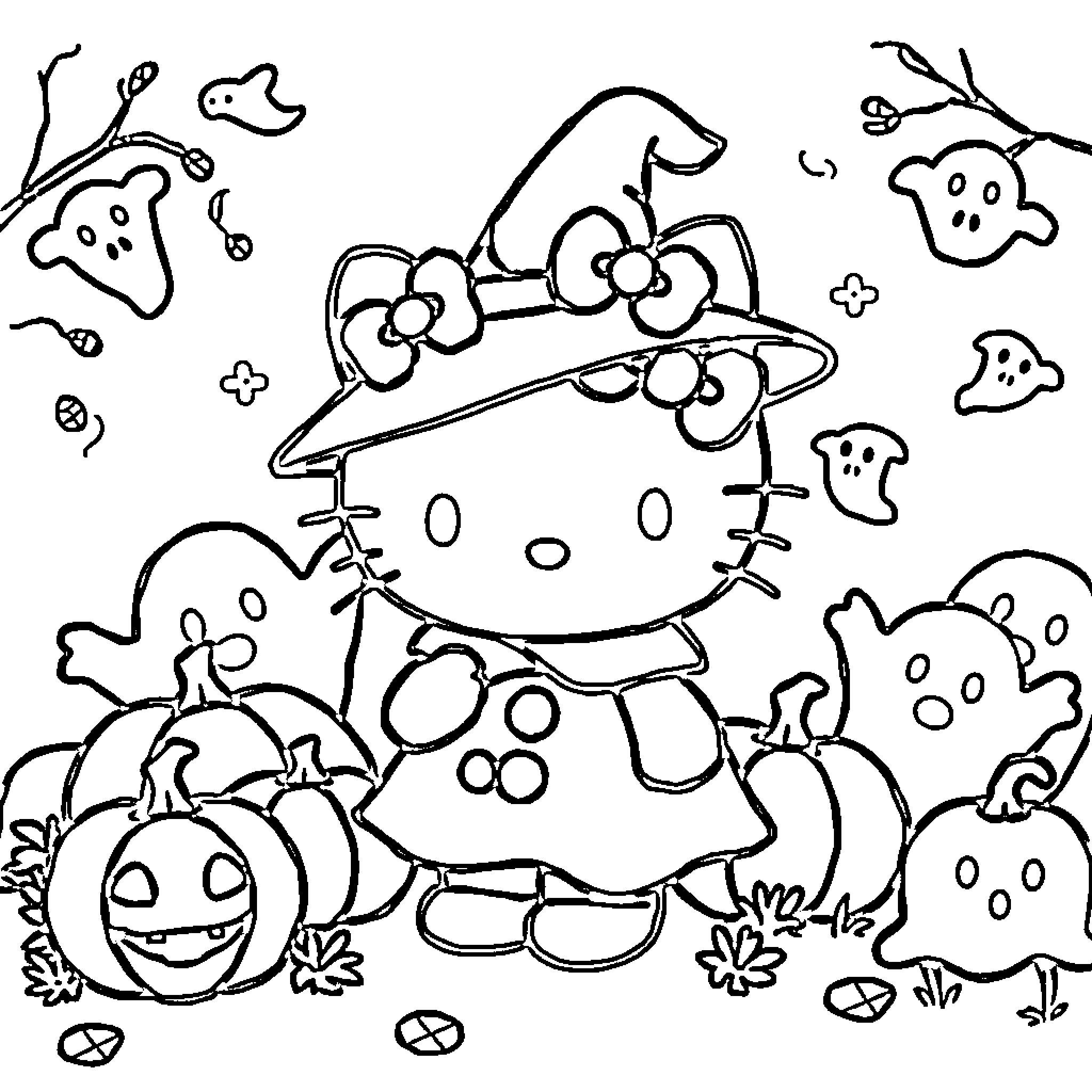 Hello Kitty's Spooky Halloween Adventure Coloring Page (free black-and-white line drawing printable PDF for all, from beginners to advanced learners, including children, teens, adults, and seniors)