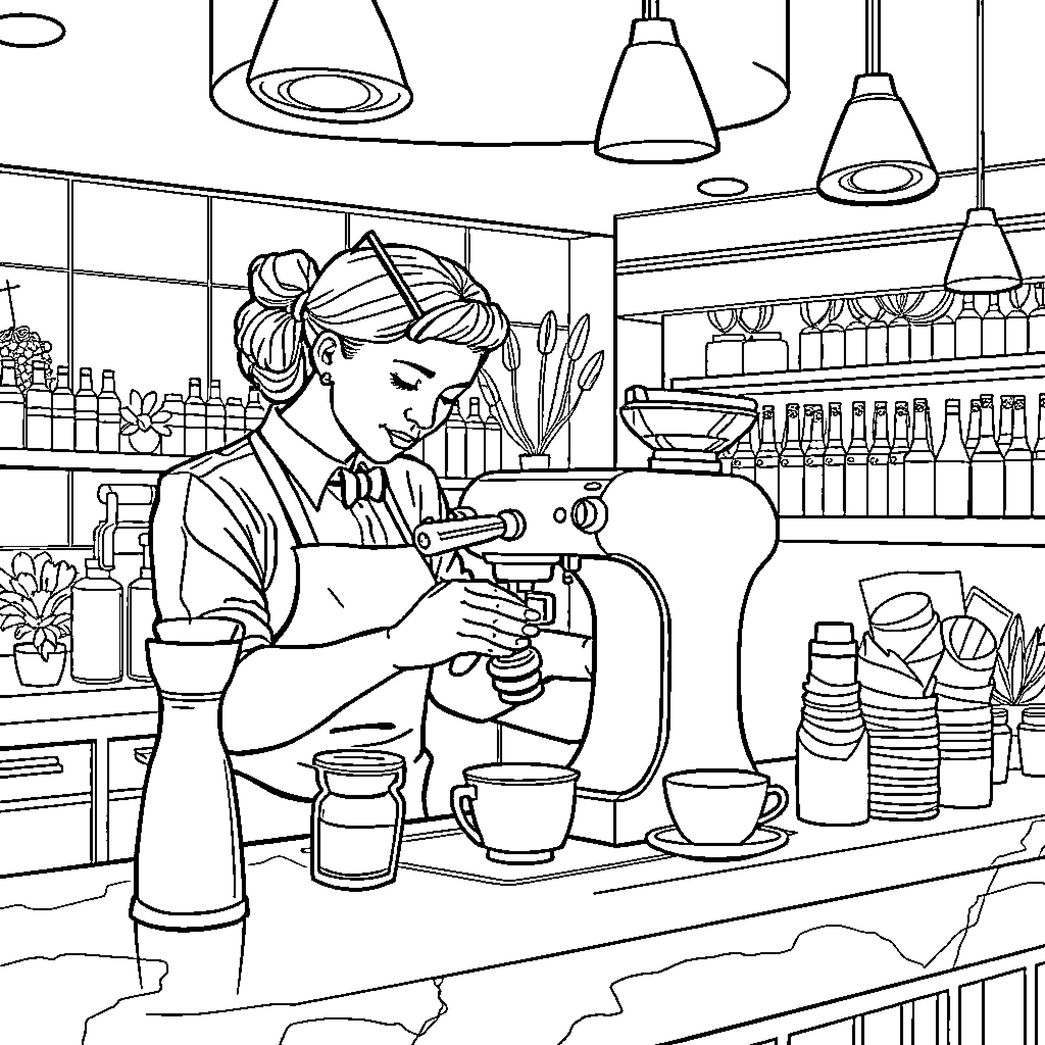 Barista preparing drinks in a cozy cafe setting Coloring Page (free black-and-white line drawing printable PDF for all, from beginners to advanced learners, including children, teens, adults, and seniors)