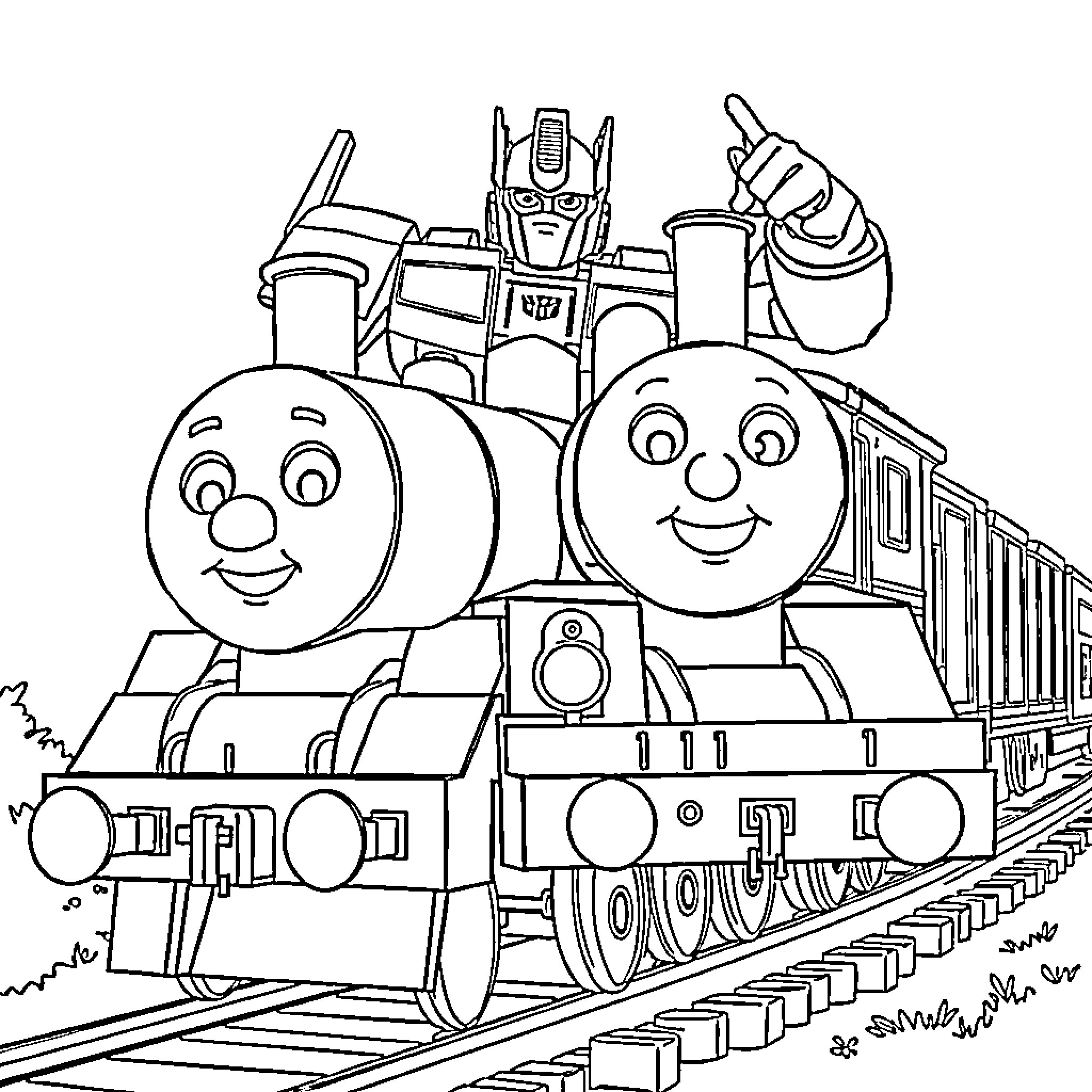 Optimus Prime leads a cheerful train of friends Coloring Page (free black-and-white line drawing printable PDF for all, from beginners to advanced learners, including children, teens, adults, and seniors)