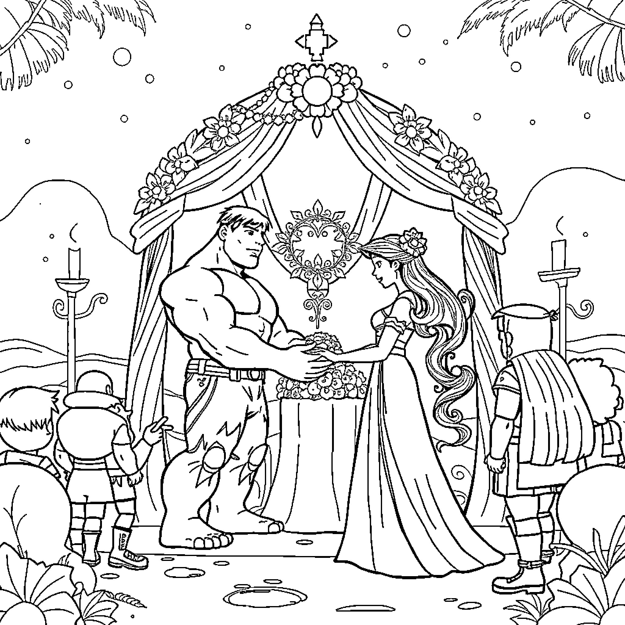 Hulk's Mystical Wedding Ceremony Coloring Page (free black-and-white line drawing printable PDF for all, from beginners to advanced learners, including children, teens, adults, and seniors)