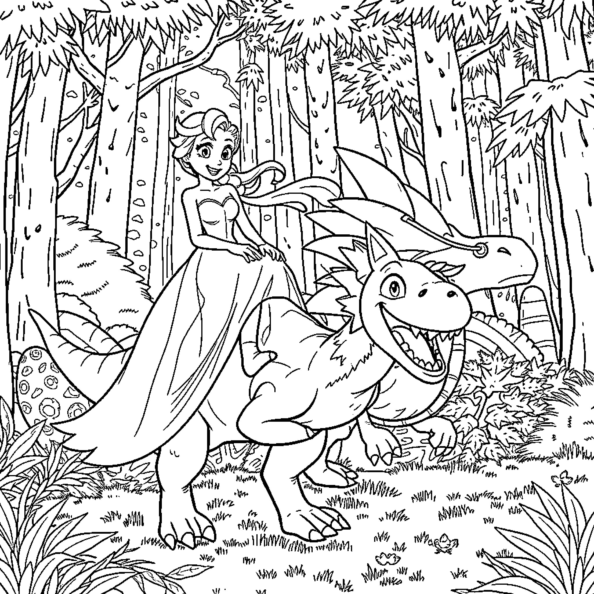 Dinosaur princess riding a friendly dinosaur in the forest Coloring Page (free black-and-white line drawing printable PDF for all, from beginners to advanced learners, including children, teens, adults, and seniors)