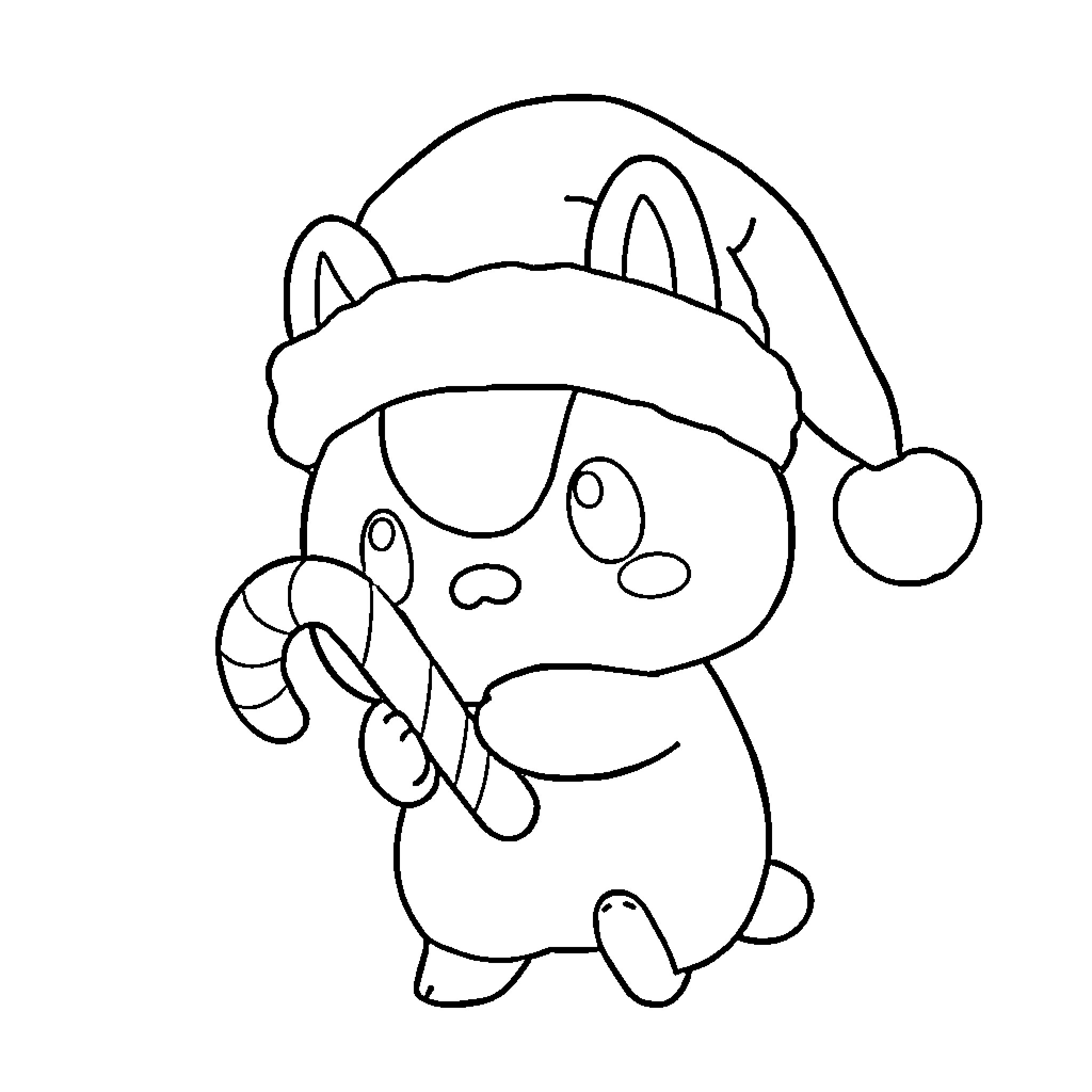Cinnamoroll in Christmas outfit holding candy cane Coloring Page (free black-and-white line drawing printable PDF for all, from beginners to advanced learners, including children, teens, adults, and seniors)