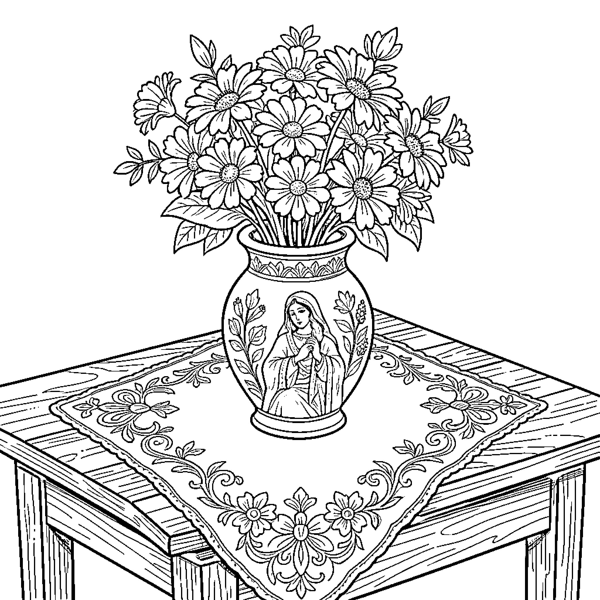 Estherlisia's Floral Arrangement in Ornate Vase Coloring Page (free black-and-white line drawing printable PDF for all, from beginners to advanced learners, including children, teens, adults, and seniors)