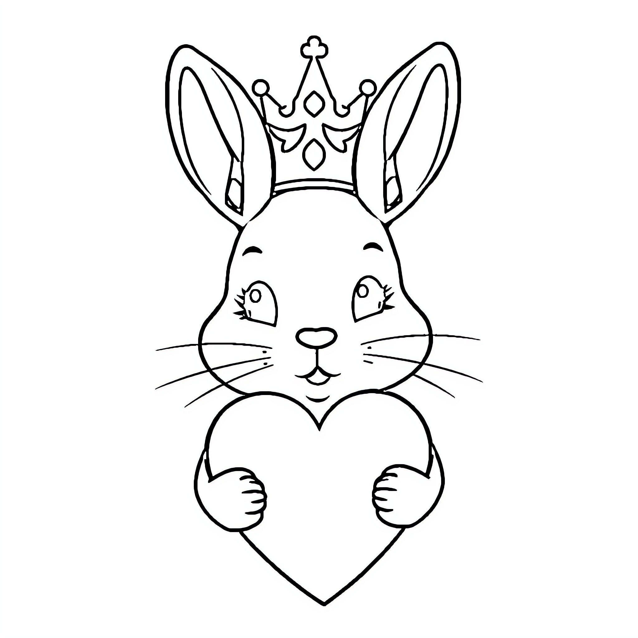 Rabbit wearing a crown holding a heart Coloring Page (free black-and-white line drawing printable PDF for all, from beginners to advanced learners, including children, teens, adults, and seniors)