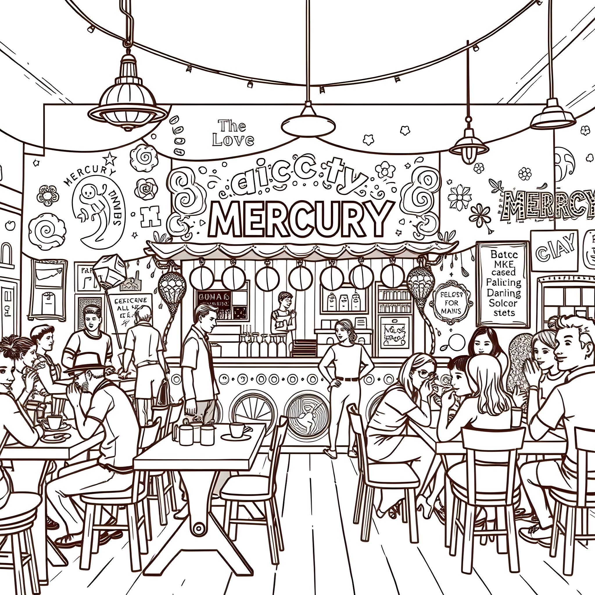 Taco Shop Patrons Enjoying Lively Atmosphere Coloring Page (free black-and-white line drawing printable PDF for all, from beginners to advanced learners, including children, teens, adults, and seniors)