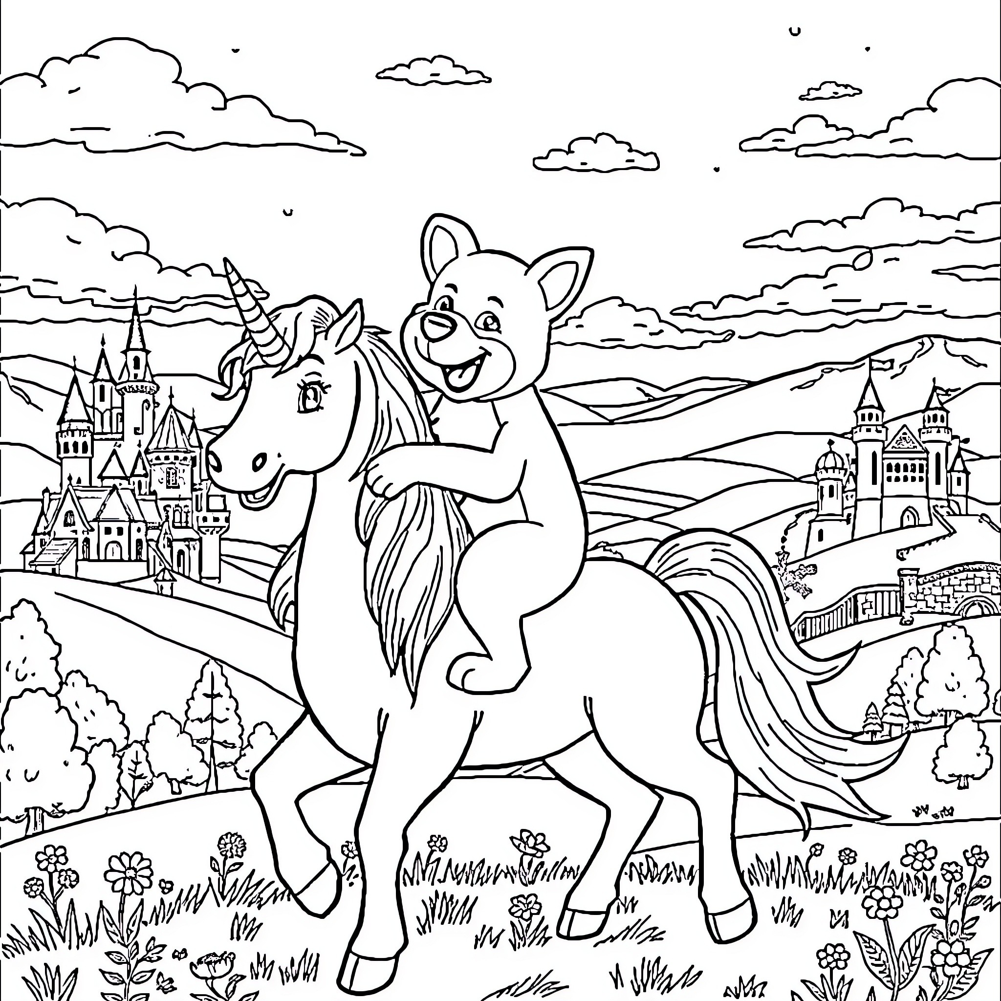 Bluey's Magical Ride Through the Enchanted Kingdom Coloring Page (free black-and-white line drawing printable PDF for all, from beginners to advanced learners, including children, teens, adults, and seniors)