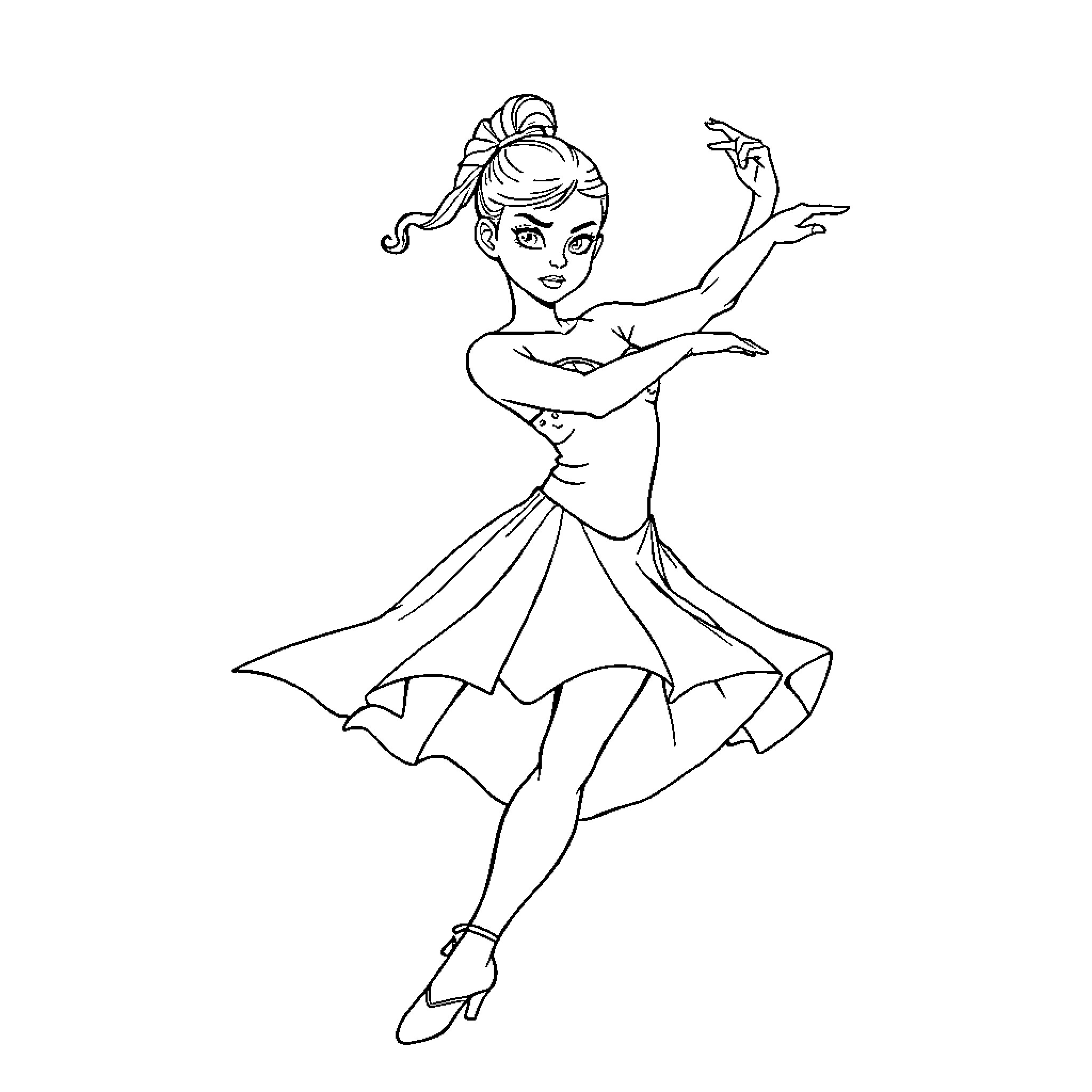Ballerina Performing Graceful Dance Moves Coloring Page (free black-and-white line drawing printable PDF for all, from beginners to advanced learners, including children, teens, adults, and seniors)