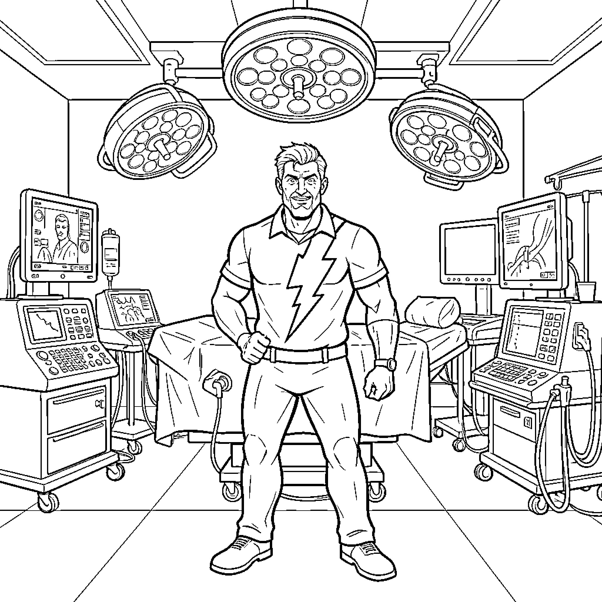 Boss standing confidently in a medical operating room Coloring Page (free black-and-white line drawing printable PDF for all, from beginners to advanced learners, including children, teens, adults, and seniors)