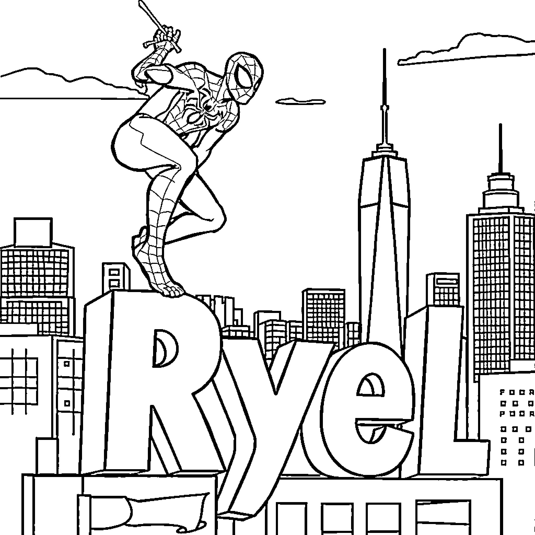 Spider-Man swinging through the cityscape Coloring Page (free black-and-white line drawing printable PDF for all, from beginners to advanced learners, including children, teens, adults, and seniors)