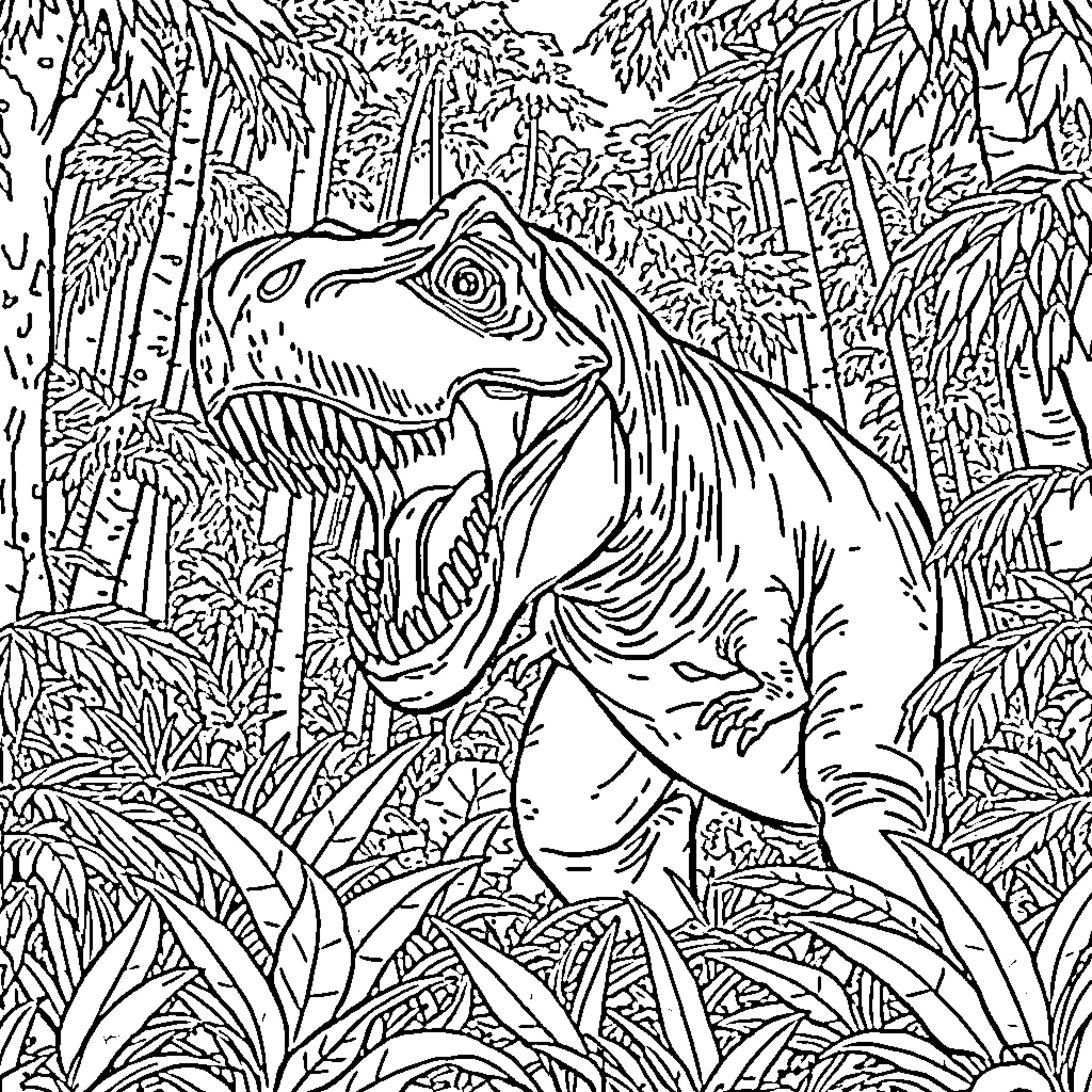 T-Rex Roaming Menacingly Through Prehistoric Jungle Coloring Page (free black-and-white line drawing printable PDF for all, from beginners to advanced learners, including children, teens, adults, and seniors)