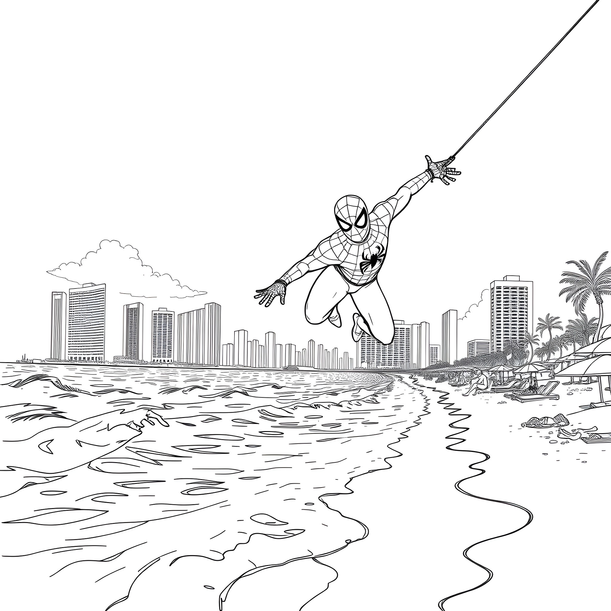 Spiderman swinging over a beach city Coloring Page (free black-and-white line drawing printable PDF for all, from beginners to advanced learners, including children, teens, adults, and seniors)
