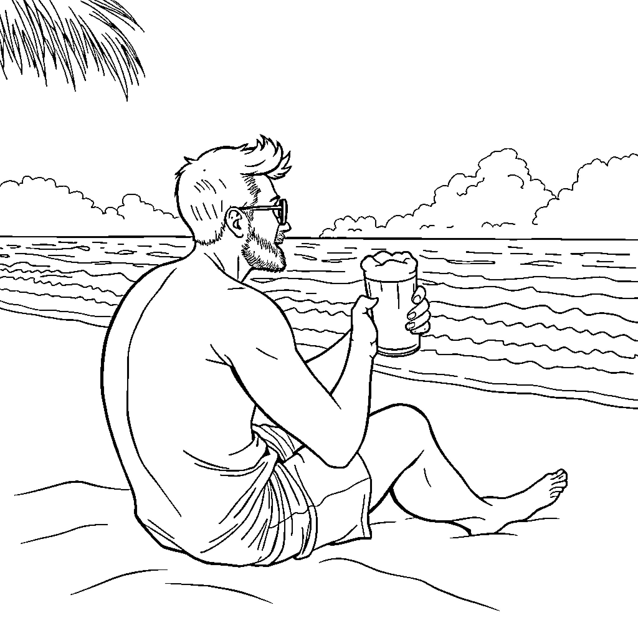 Guy enjoying a drink on the beach Coloring Page (free black-and-white line drawing printable PDF for all, from beginners to advanced learners, including children, teens, adults, and seniors)