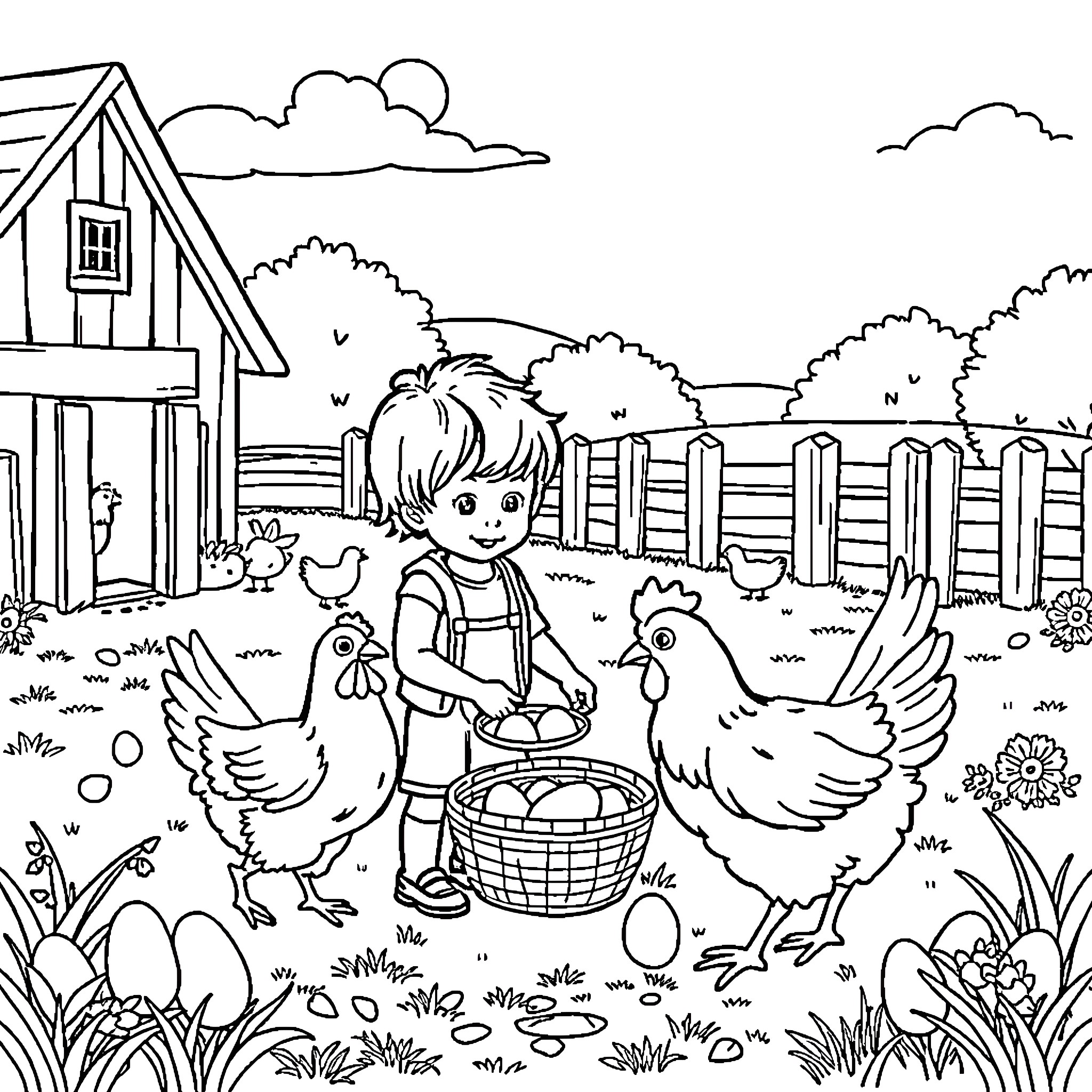Toddler enjoying a day on the farm with chickens Coloring Page (free black-and-white line drawing printable PDF for all, from beginners to advanced learners, including children, teens, adults, and seniors)