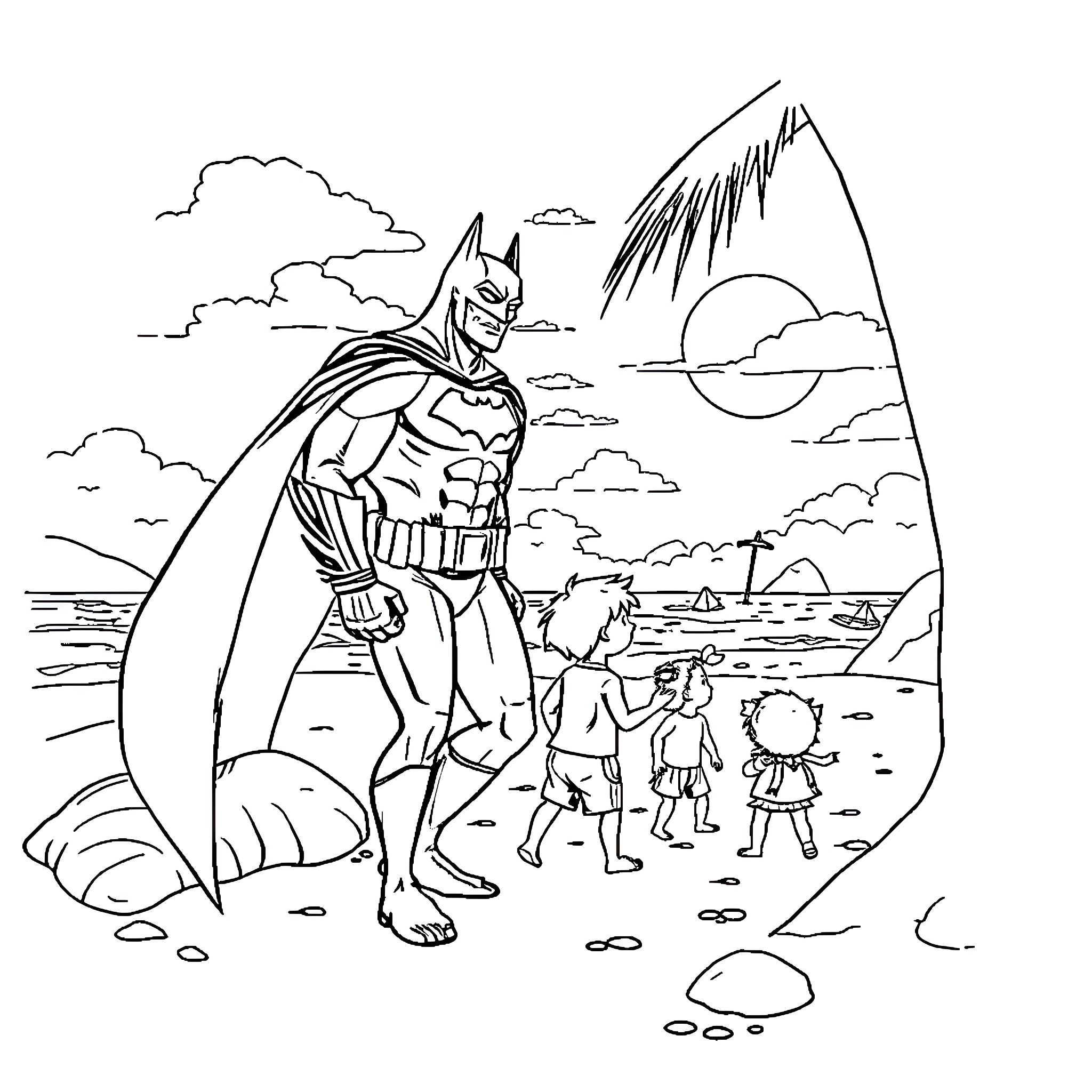 Batman protects children on a tropical beach Coloring Page (free black-and-white line drawing printable PDF for all, from beginners to advanced learners, including children, teens, adults, and seniors)