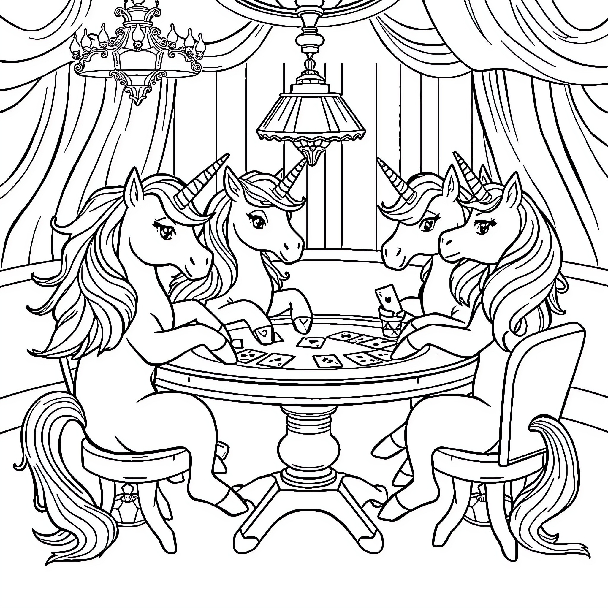Unicorn Family Playing Cards Together in a Luxurious Room Coloring Page (free black-and-white line drawing printable PDF for all, from beginners to advanced learners, including children, teens, adults, and seniors)