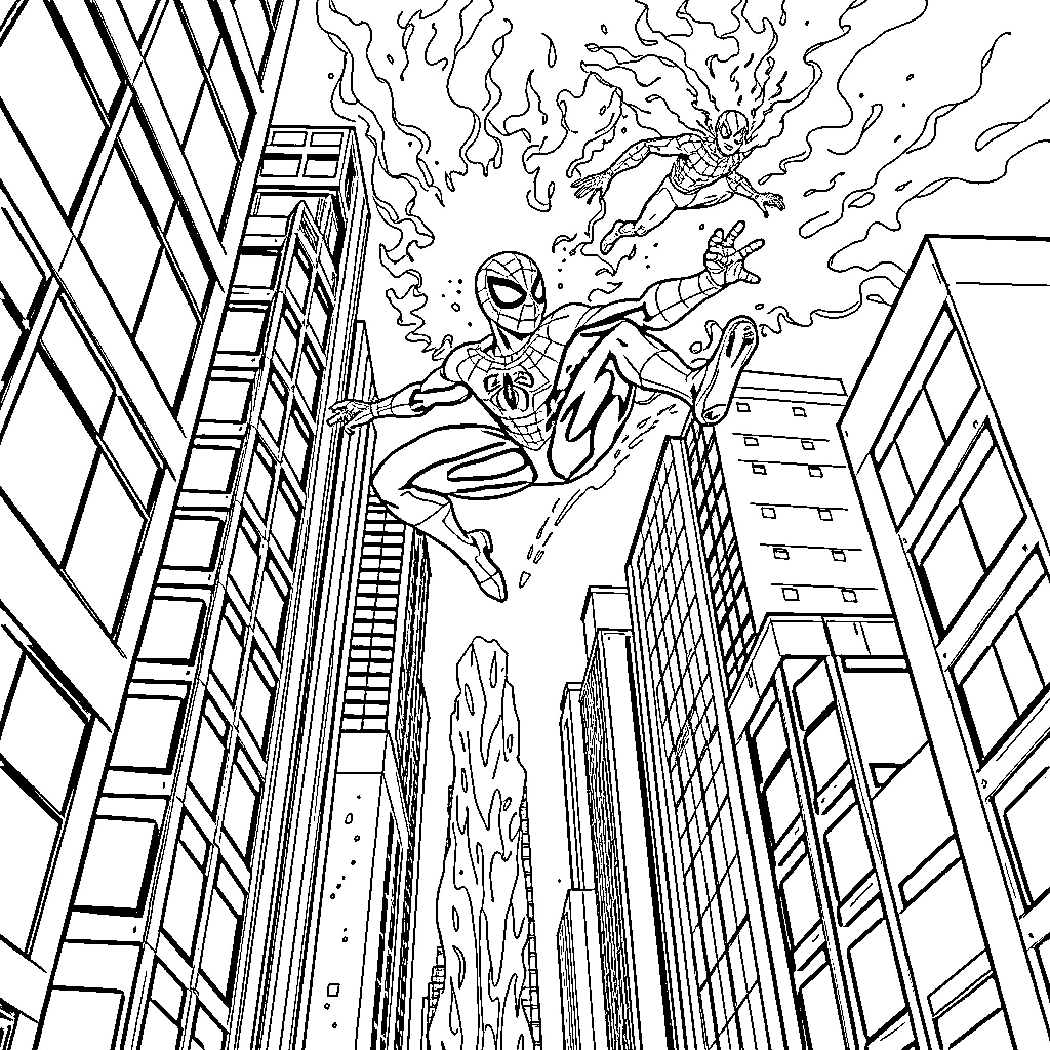 Superhero leaping across cityscape in action Coloring Page (free black-and-white line drawing printable PDF for all, from beginners to advanced learners, including children, teens, adults, and seniors)