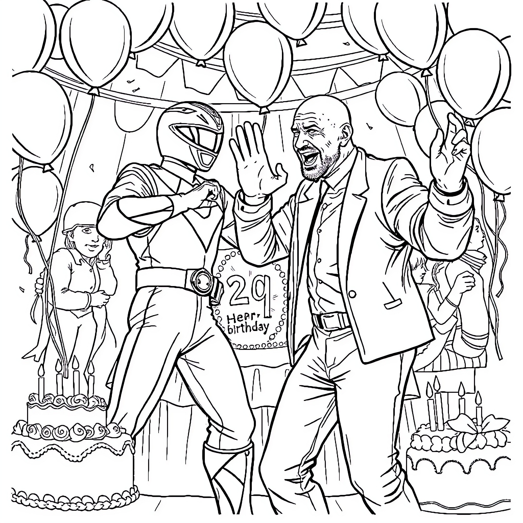 Power Ranger Celebrates Enthusiastic Birthday Party Coloring Page (free black-and-white line drawing printable PDF for all, from beginners to advanced learners, including children, teens, adults, and seniors)