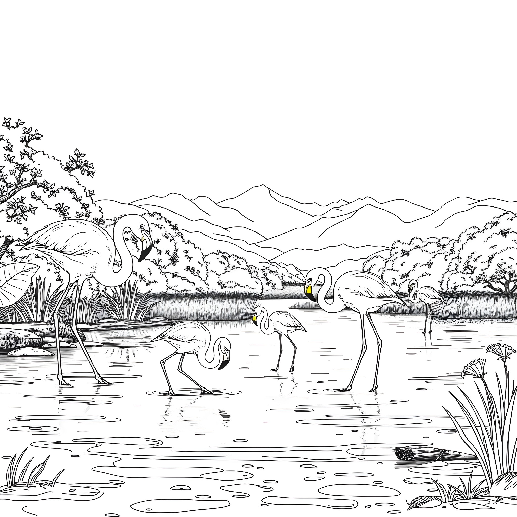 Flamingos Gracefully Wading in Tranquil Wetlands Coloring Page (free black-and-white line drawing printable PDF for all, from beginners to advanced learners, including children, teens, adults, and seniors)