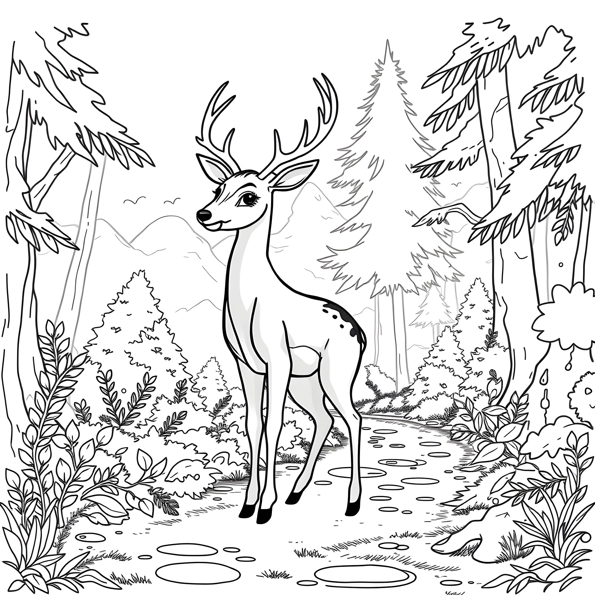 Deer in tranquil forest landscape Coloring Page (free black-and-white line drawing printable PDF for all, from beginners to advanced learners, including children, teens, adults, and seniors)