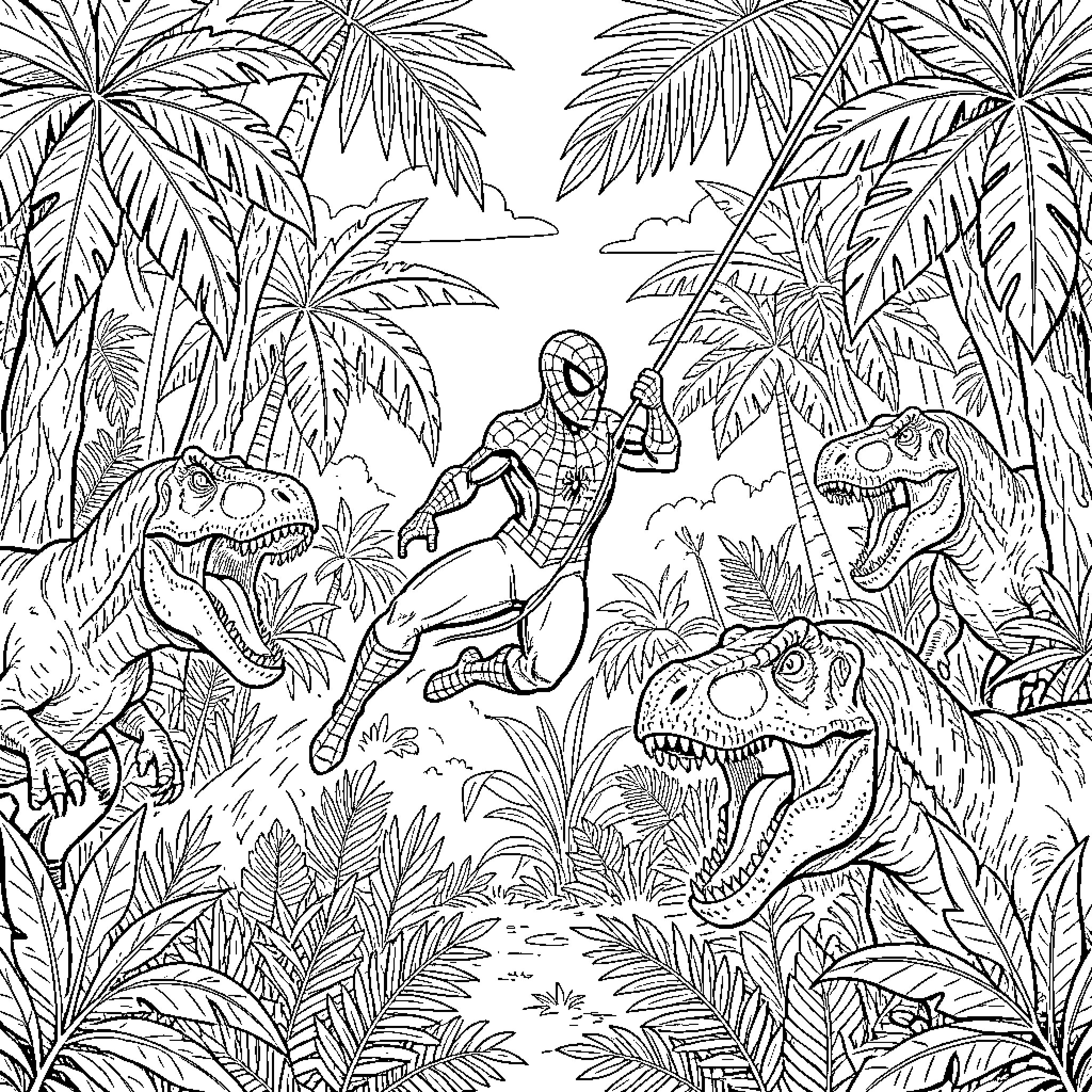 Spiderman battling dinosaurs in the jungle Coloring Page (free black-and-white line drawing printable PDF for all, from beginners to advanced learners, including children, teens, adults, and seniors)