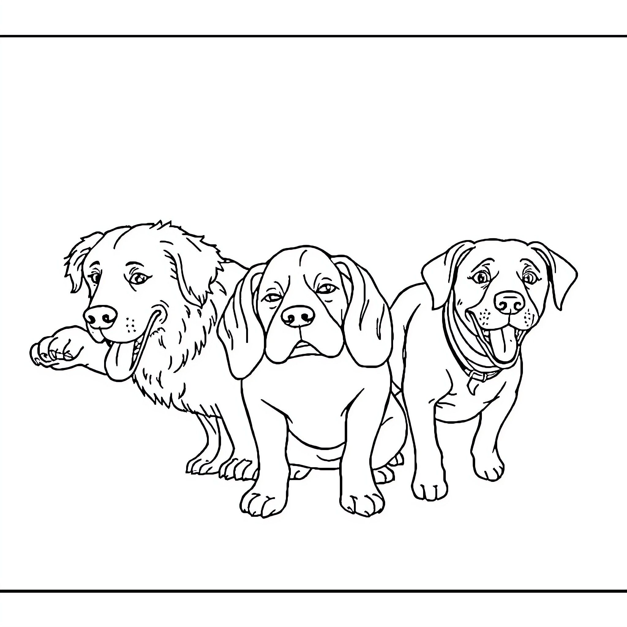 Dog friends playing together happily Coloring Page (free black-and-white line drawing printable PDF for all, from beginners to advanced learners, including children, teens, adults, and seniors)