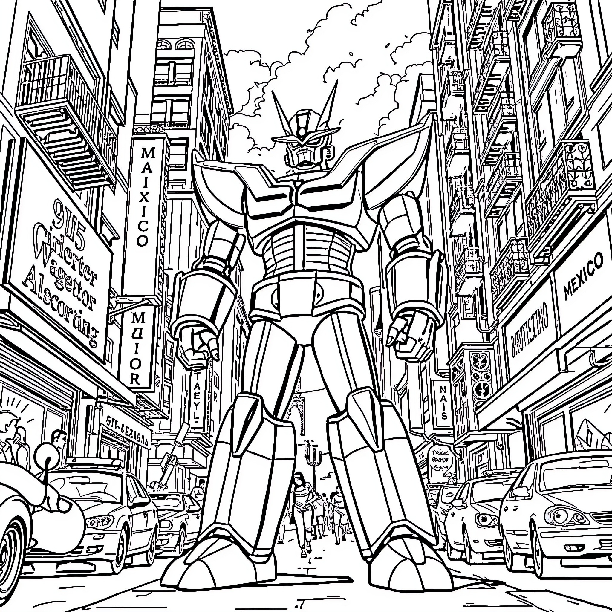 Mazinger Z towering over the city streets Coloring Page (free black-and-white line drawing printable PDF for all, from beginners to advanced learners, including children, teens, adults, and seniors)