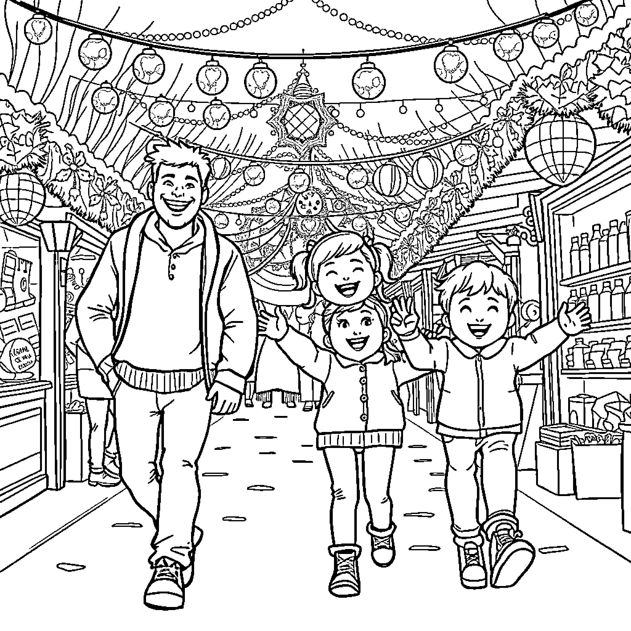 Family Enjoying a Festive Celebration Coloring Page (free black-and-white line drawing printable PDF for all, from beginners to advanced learners, including children, teens, adults, and seniors)