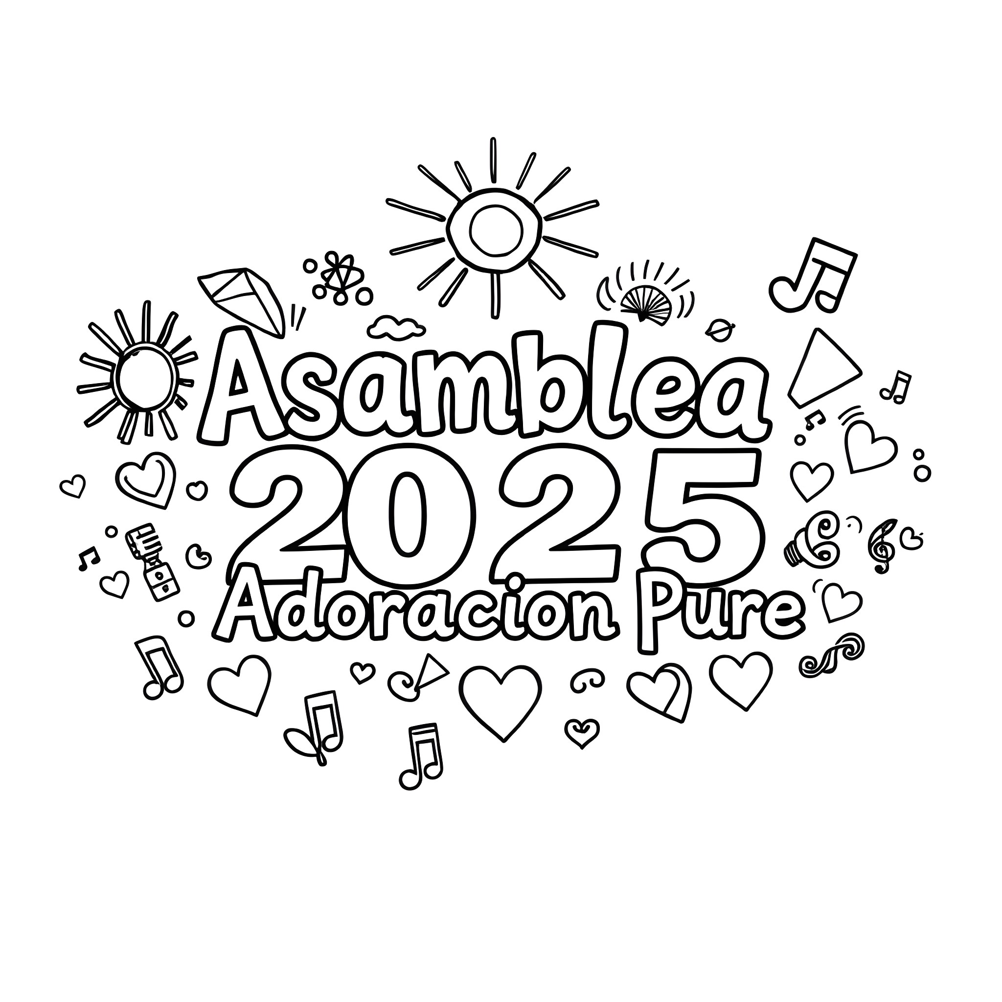 Asamblea 2025: Celebration of Pure Adoration Coloring Page (free black-and-white line drawing printable PDF for all, from beginners to advanced learners, including children, teens, adults, and seniors)