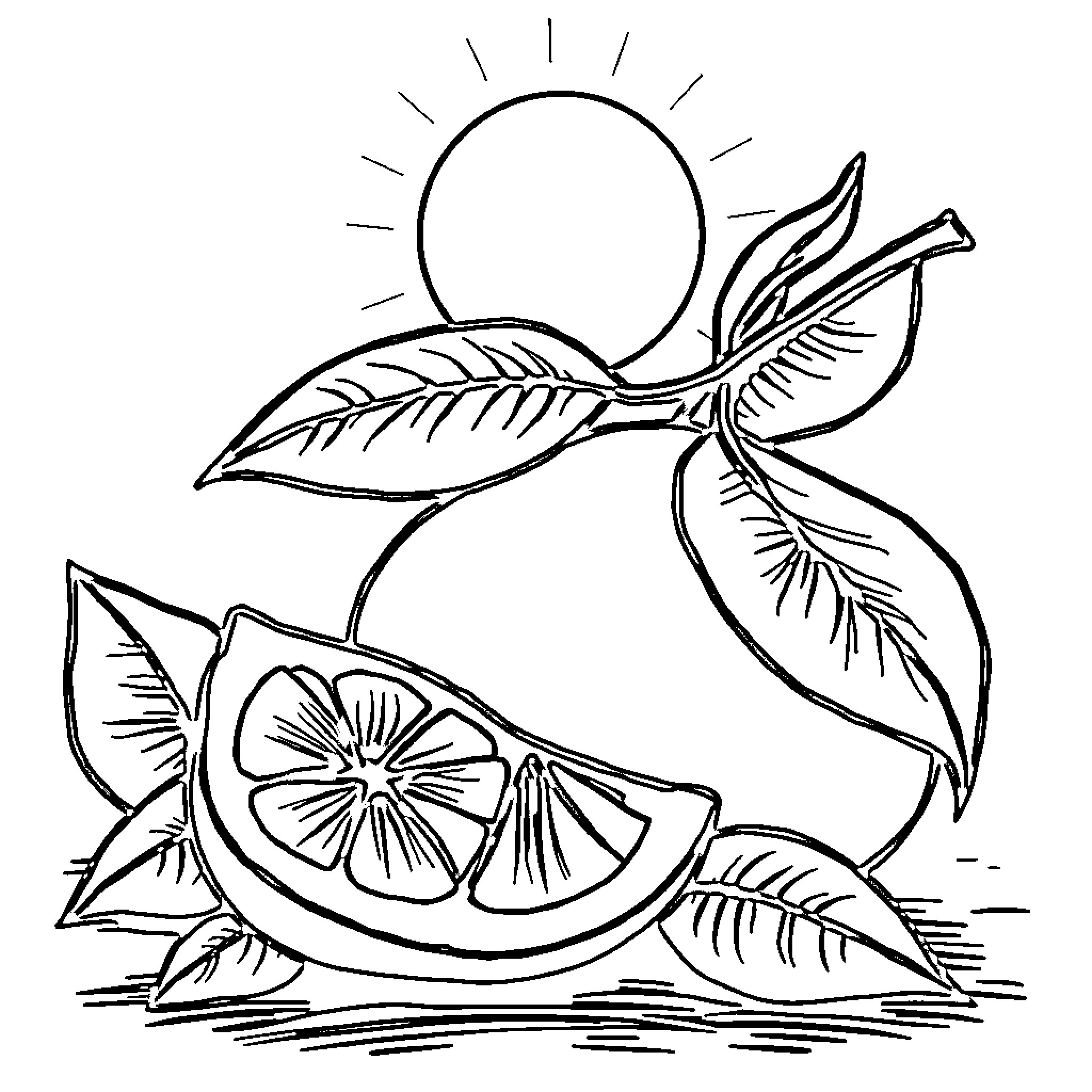 Lemon sliced under the sun's glow Coloring Page (free black-and-white line drawing printable PDF for all, from beginners to advanced learners, including children, teens, adults, and seniors)