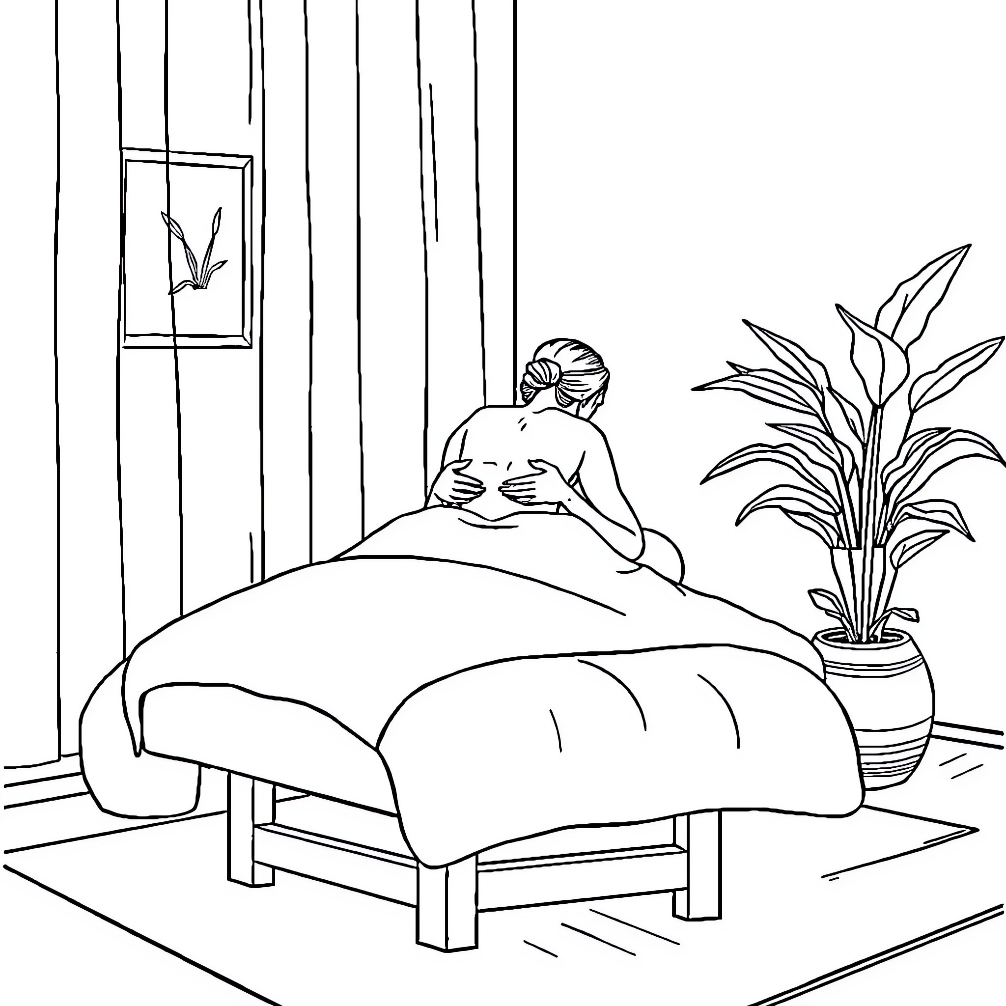 Massage in a serene indoor setting Coloring Page (free black-and-white line drawing printable PDF for all, from beginners to advanced learners, including children, teens, adults, and seniors)