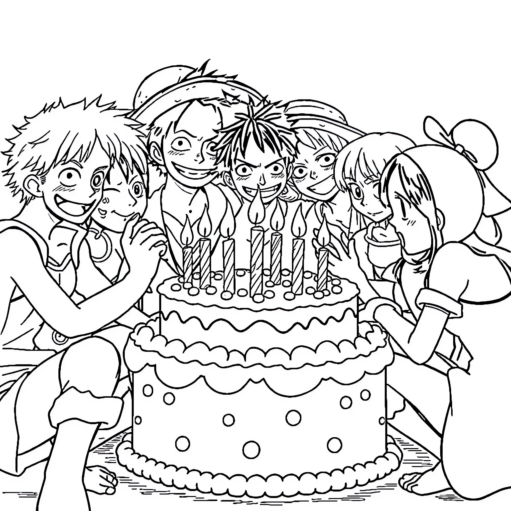 One Piece Birthday Party Celebration Coloring Page (free black-and-white line drawing printable PDF for all, from beginners to advanced learners, including children, teens, adults, and seniors)