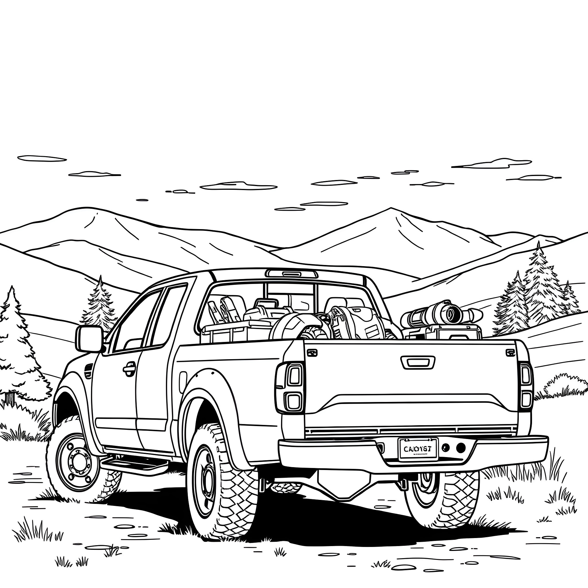 Pick Up Truck Traversing Rugged Mountain Landscape Coloring Page (free black-and-white line drawing printable PDF for all, from beginners to advanced learners, including children, teens, adults, and seniors)