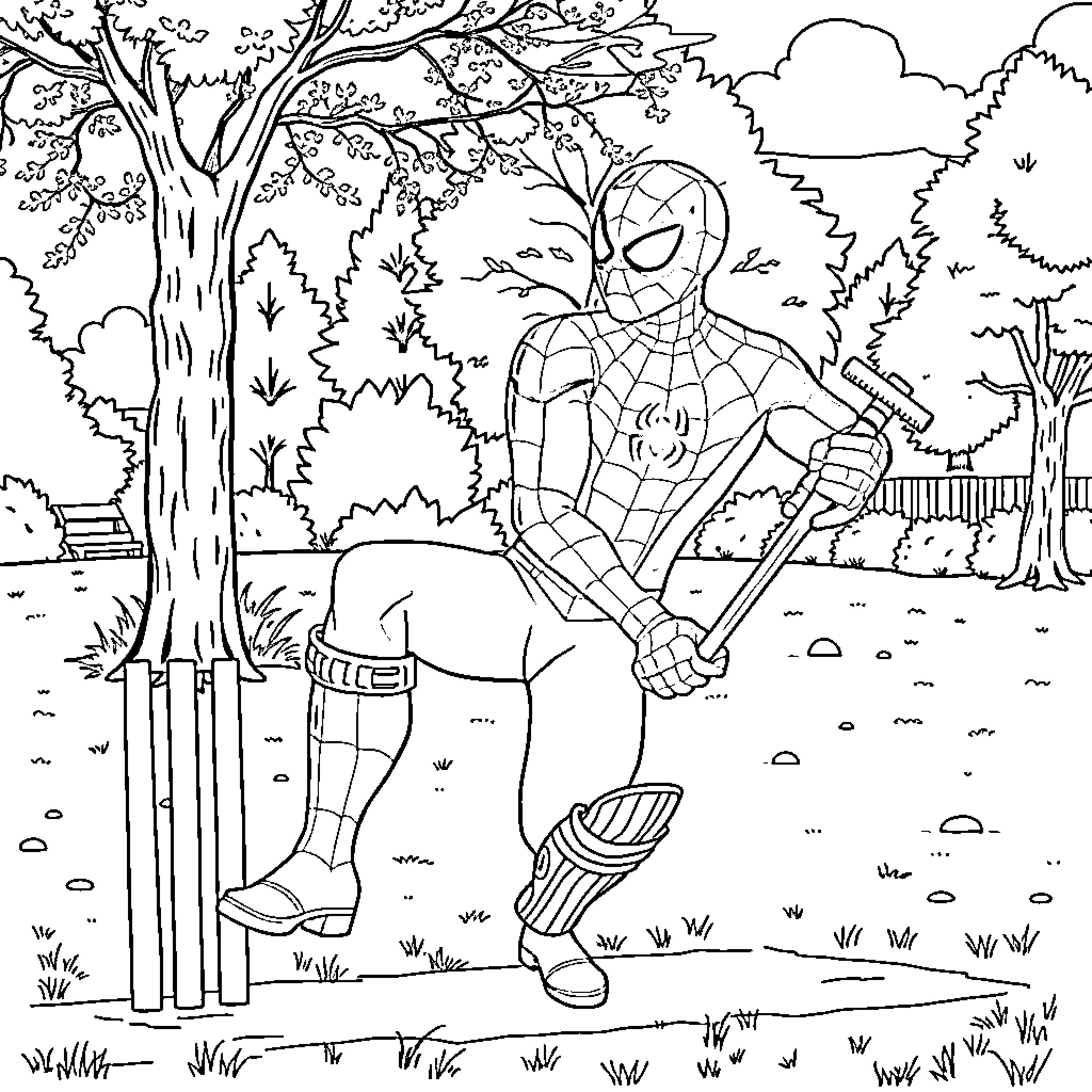Spiderman playing cricket in the forest Coloring Page (free black-and-white line drawing printable PDF for all, from beginners to advanced learners, including children, teens, adults, and seniors)