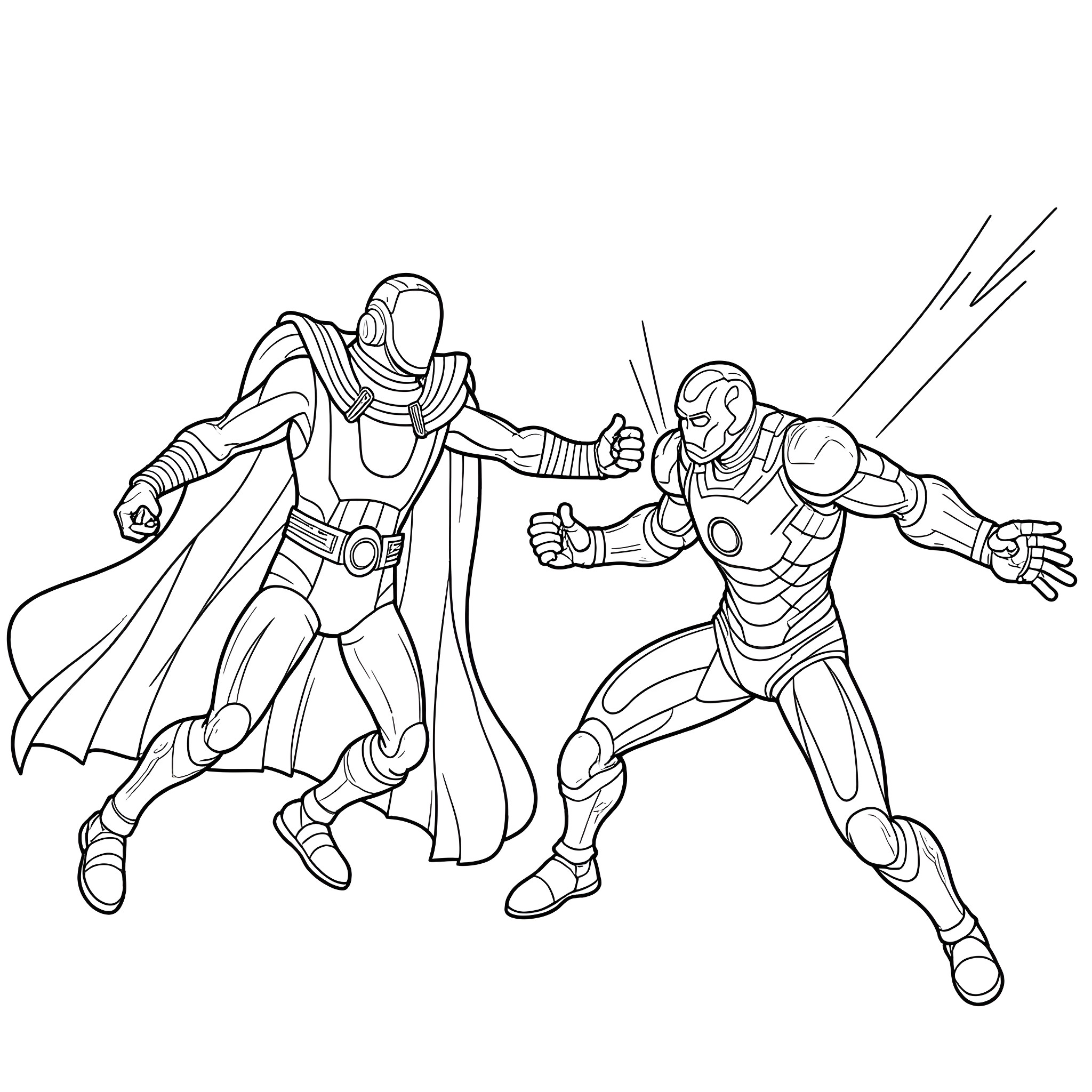 Doctor Doom battling a heroic warrior in combat Coloring Page (free black-and-white line drawing printable PDF for all, from beginners to advanced learners, including children, teens, adults, and seniors)