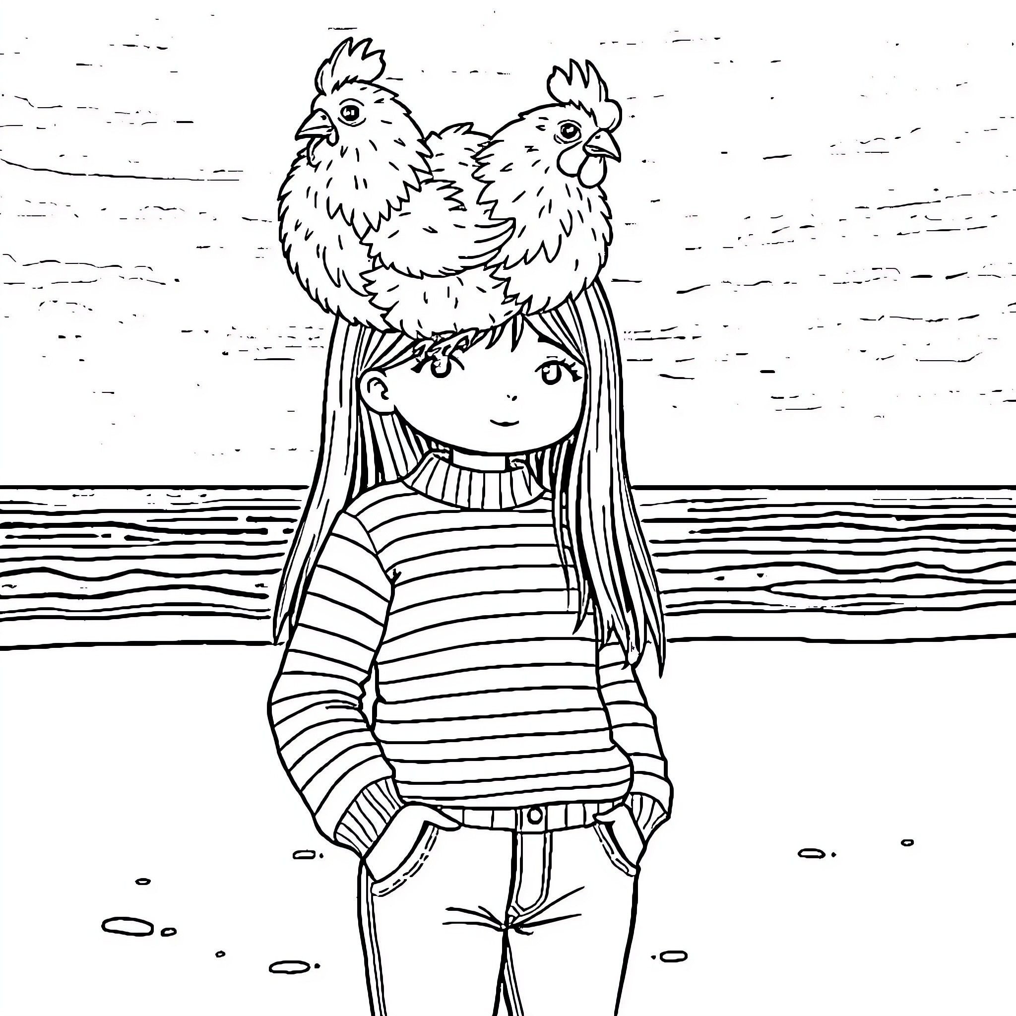 Chicken Perched Playfully on Girl's Head Coloring Page (free black-and-white line drawing printable PDF for all, from beginners to advanced learners, including children, teens, adults, and seniors)