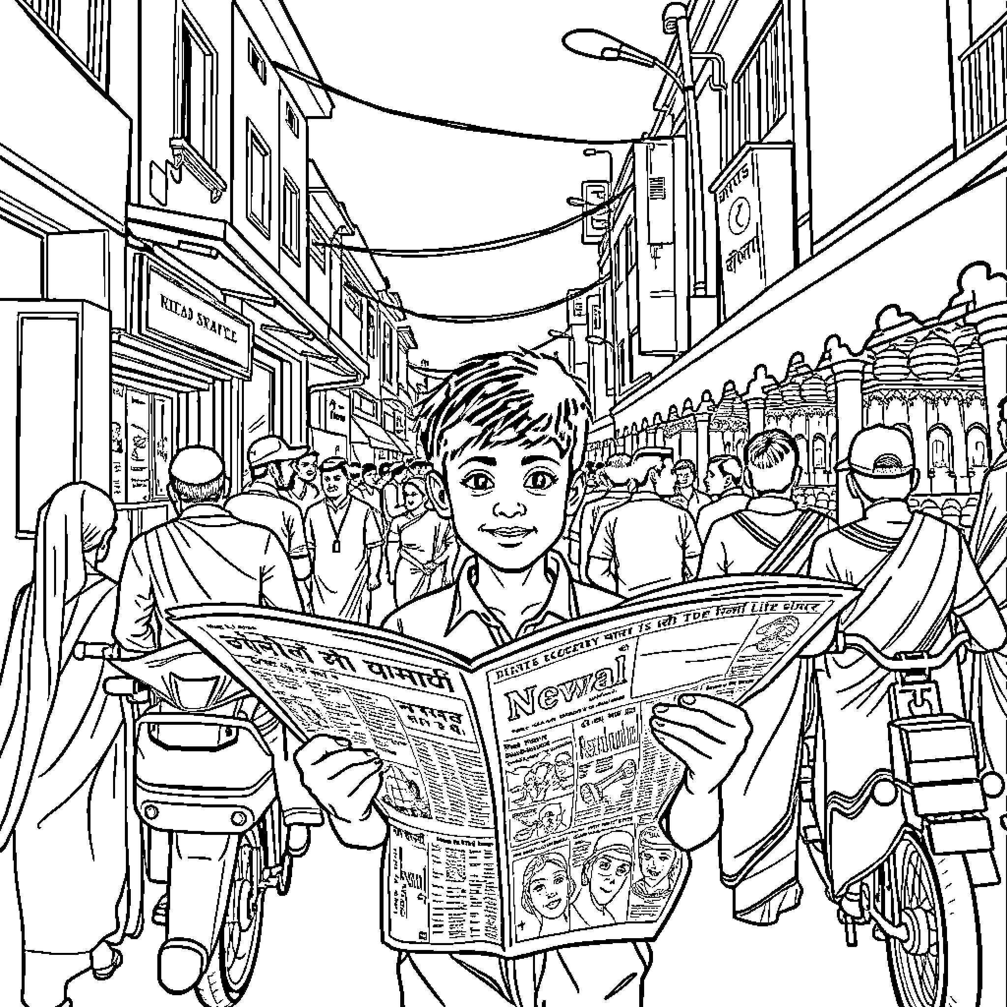 Boy reading newspaper on busy city street Coloring Page (free black-and-white line drawing printable PDF for all, from beginners to advanced learners, including children, teens, adults, and seniors)