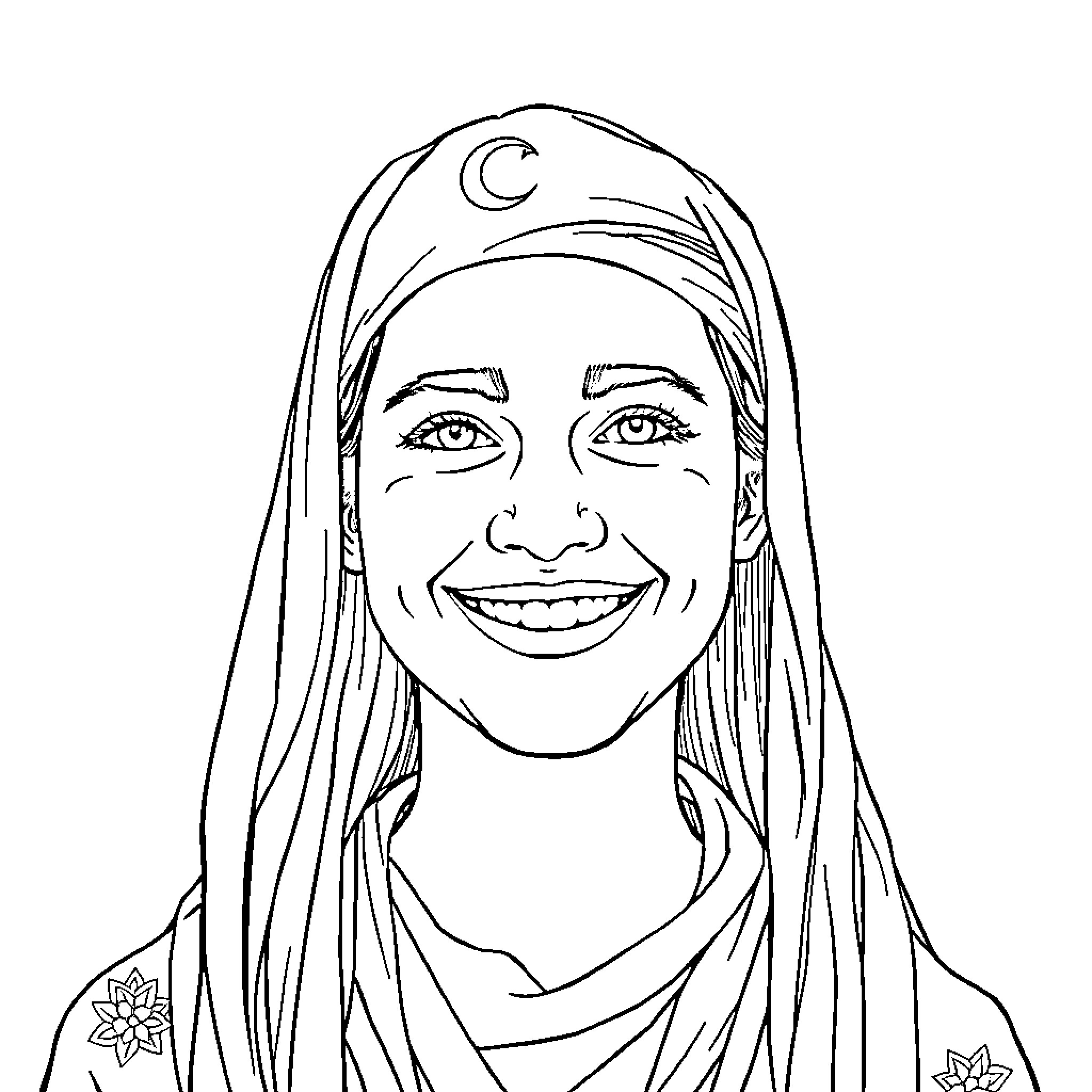 Algerian woman in traditional headscarf smiling Coloring Page (free black-and-white line drawing printable PDF for all, from beginners to advanced learners, including children, teens, adults, and seniors)