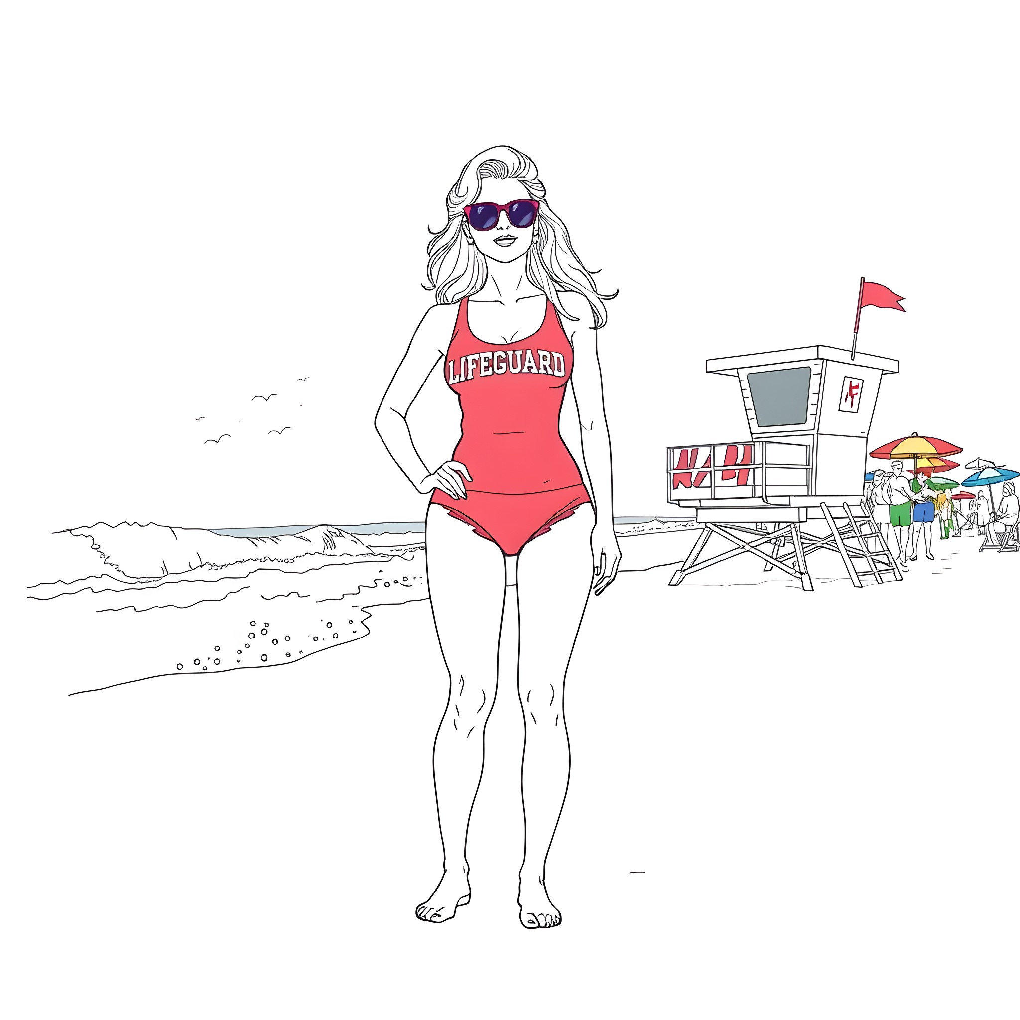 Pamela Anderson as a lifeguard on the beach Coloring Page (free black-and-white line drawing printable PDF for all, from beginners to advanced learners, including children, teens, adults, and seniors)