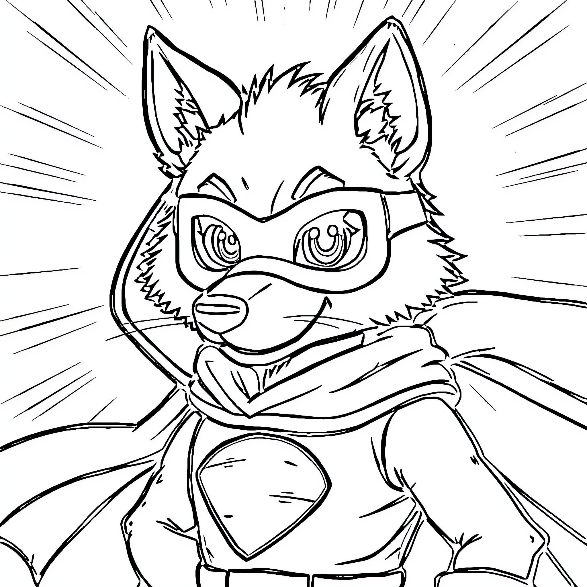 Wolf superhero in action pose Coloring Page (free black-and-white line drawing printable PDF for all, from beginners to advanced learners, including children, teens, adults, and seniors)