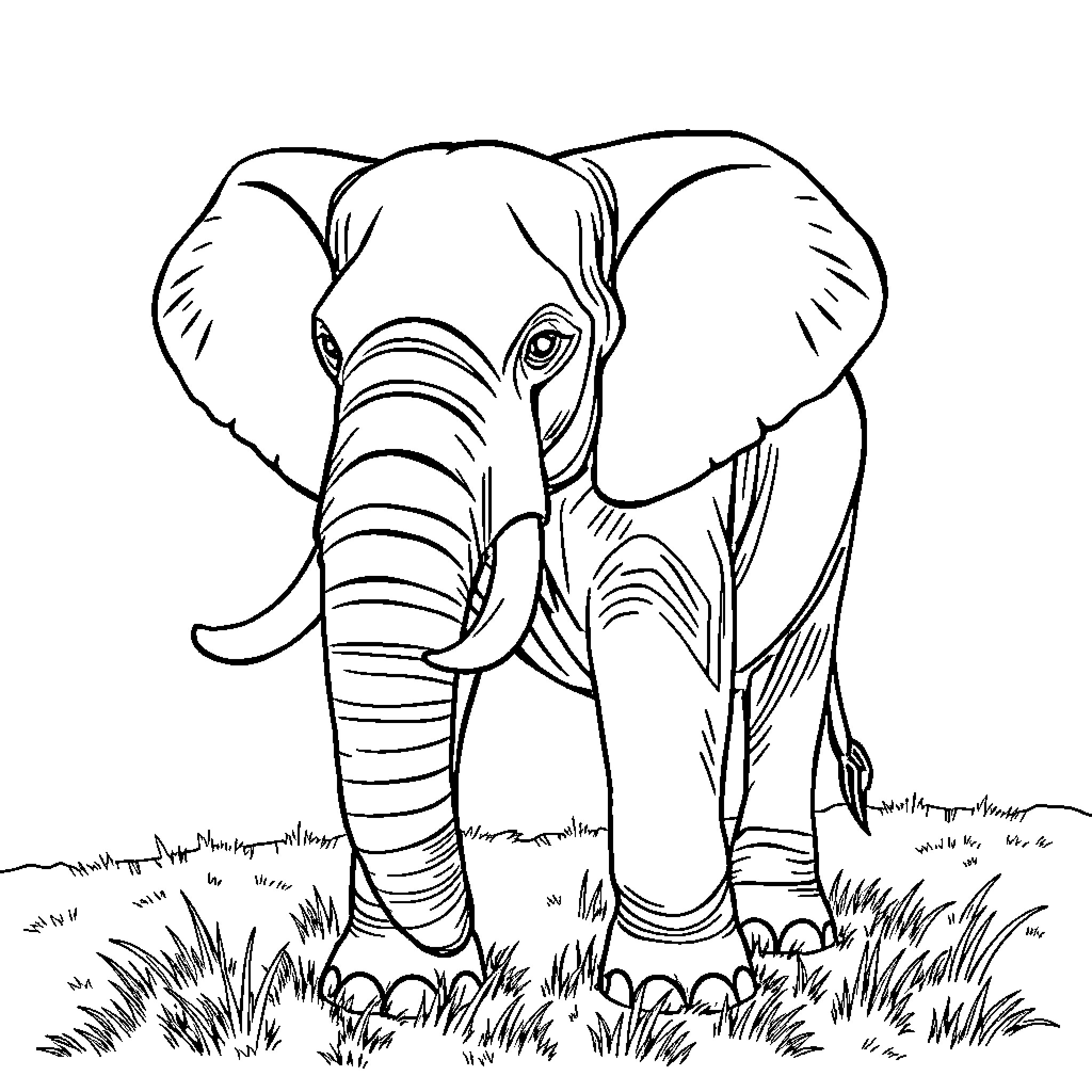 Elephant standing in the wild Coloring Page (free black-and-white line drawing printable PDF for all, from beginners to advanced learners, including children, teens, adults, and seniors)