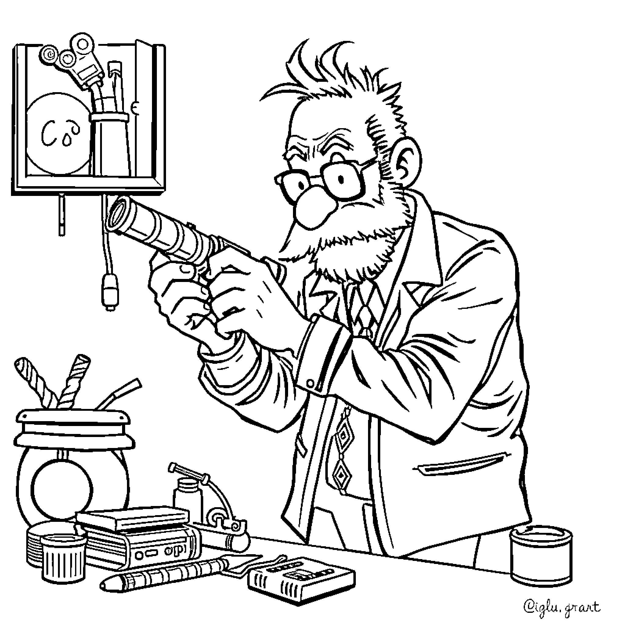 Max's Wacky Invention Workshop Coloring Page (free black-and-white line drawing printable PDF for all, from beginners to advanced learners, including children, teens, adults, and seniors)