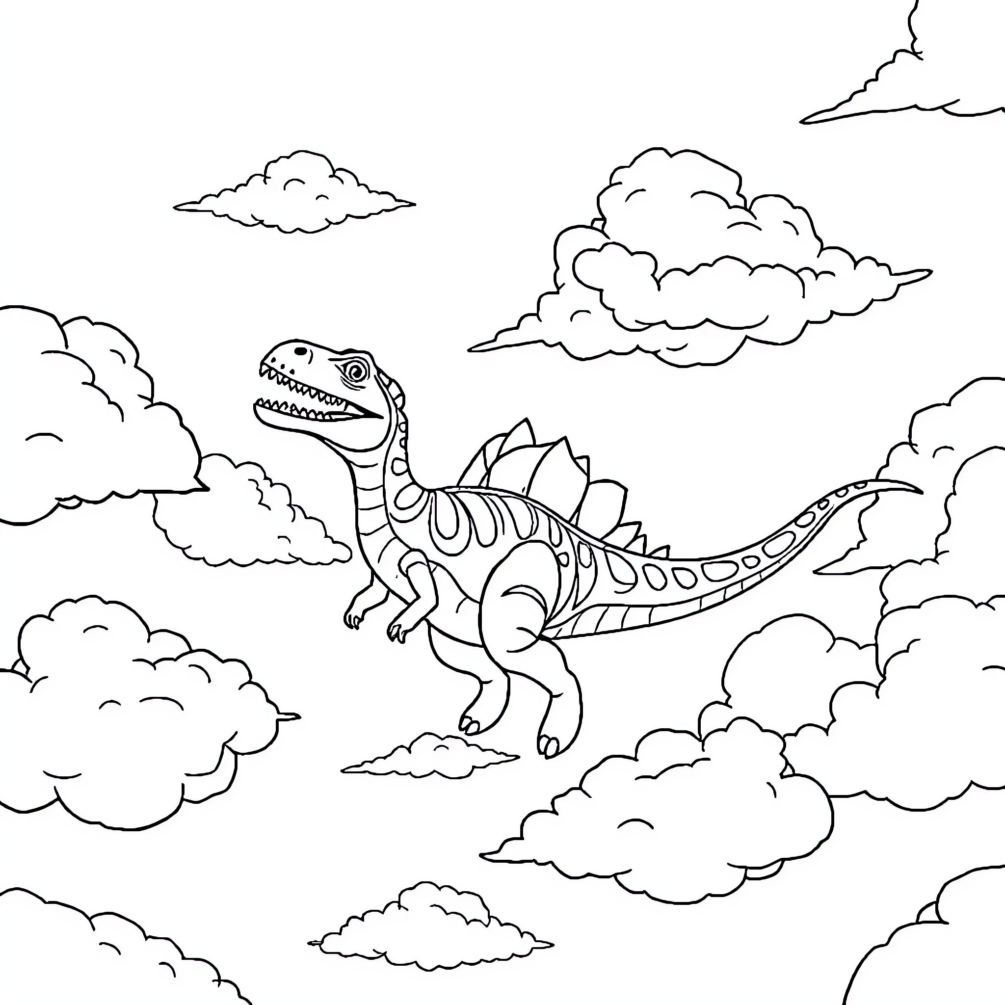 Dino soaring through the clouds Coloring Page (free black-and-white line drawing printable PDF for all, from beginners to advanced learners, including children, teens, adults, and seniors)