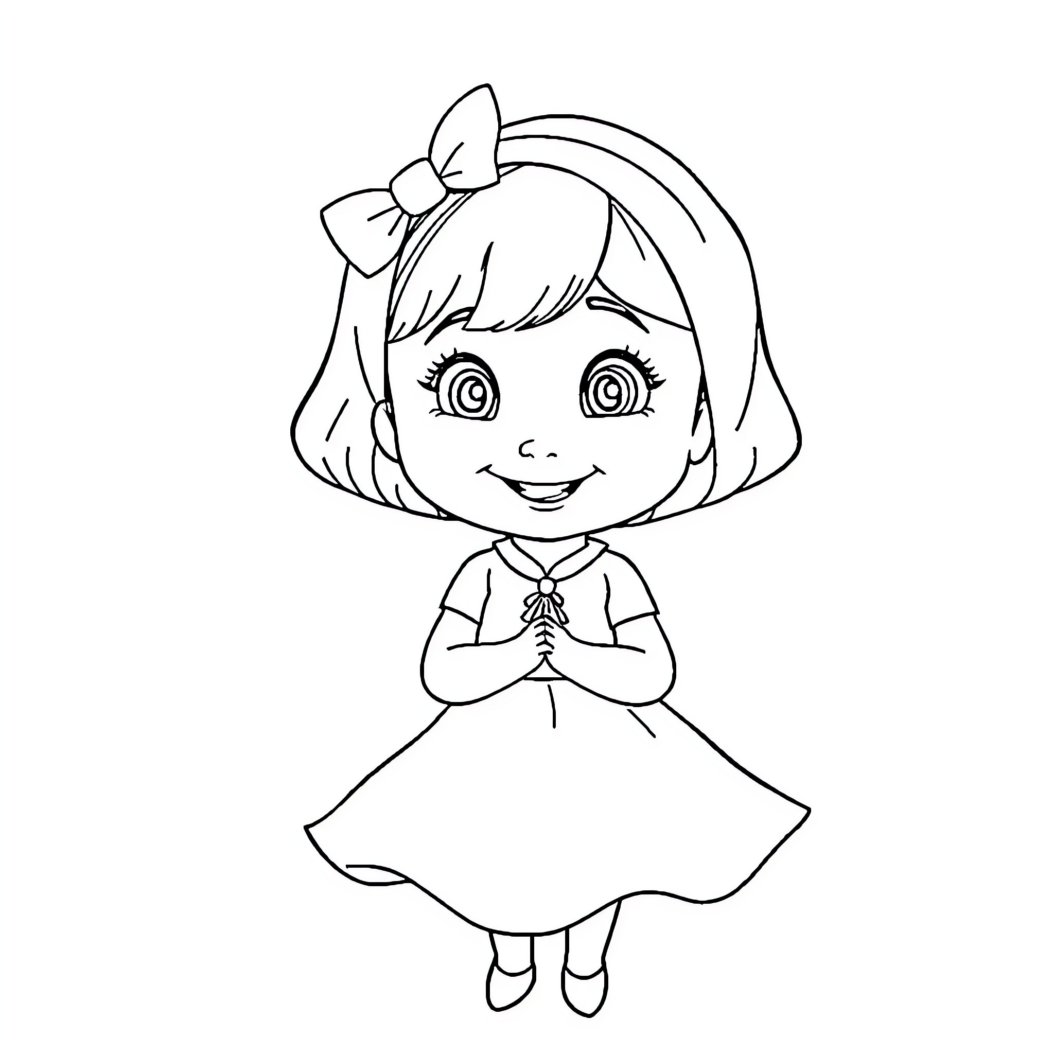 Masha playing with a bow in her dress Coloring Page (free black-and-white line drawing printable PDF for all, from beginners to advanced learners, including children, teens, adults, and seniors)