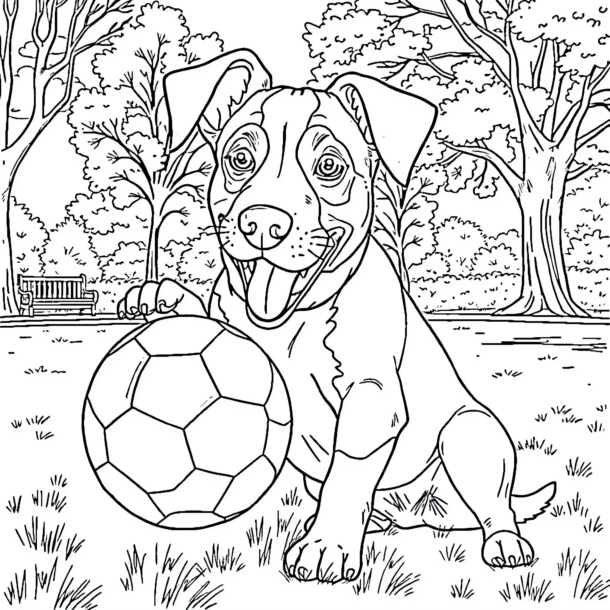 Staffordshire Dog playing with soccer ball in the park Coloring Page (free black-and-white line drawing printable PDF for all, from beginners to advanced learners, including children, teens, adults, and seniors)