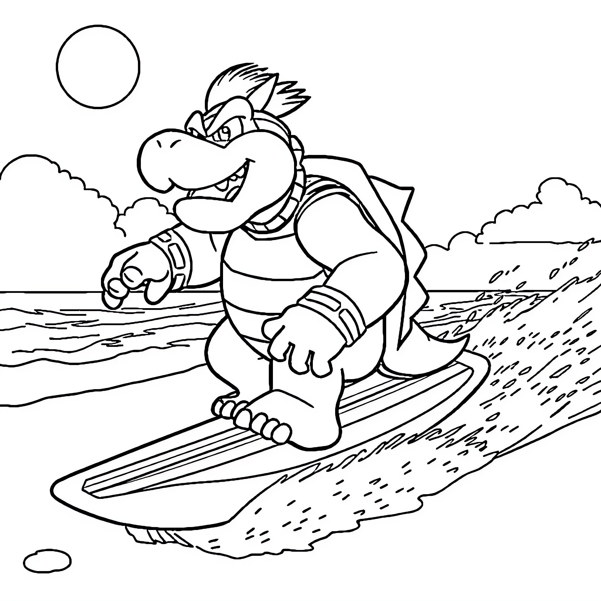 Bowser surfing across the ocean waves Coloring Page (free black-and-white line drawing printable PDF for all, from beginners to advanced learners, including children, teens, adults, and seniors)