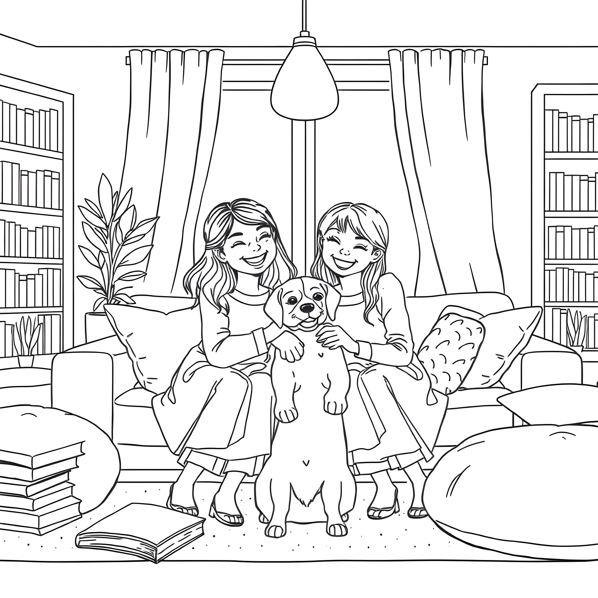 Sister's Cozy Afternoon with Puppy Coloring Page (free black-and-white line drawing printable PDF for all, from beginners to advanced learners, including children, teens, adults, and seniors)