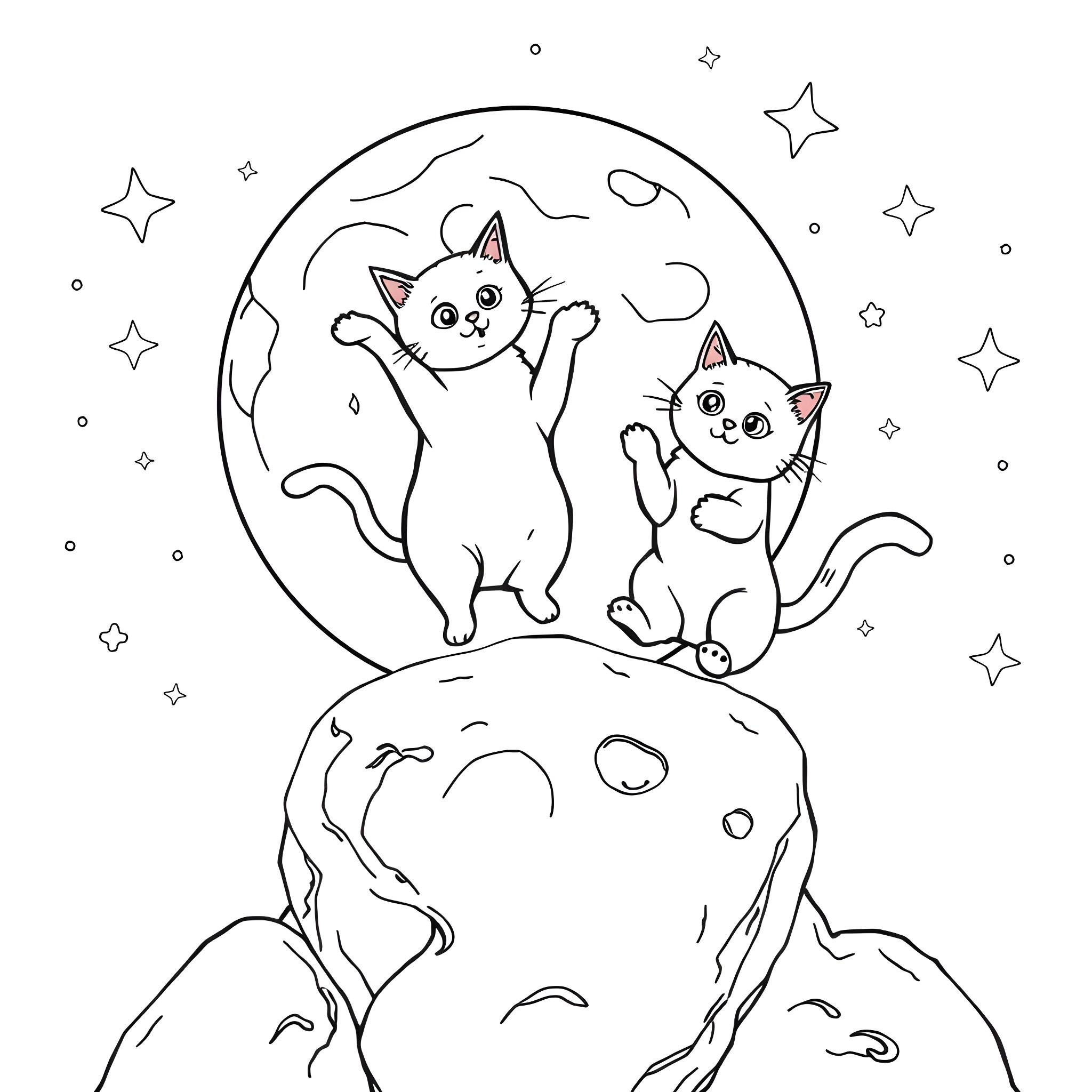 Cats playing in the starry night Coloring Page (free black-and-white line drawing printable PDF for all, from beginners to advanced learners, including children, teens, adults, and seniors)