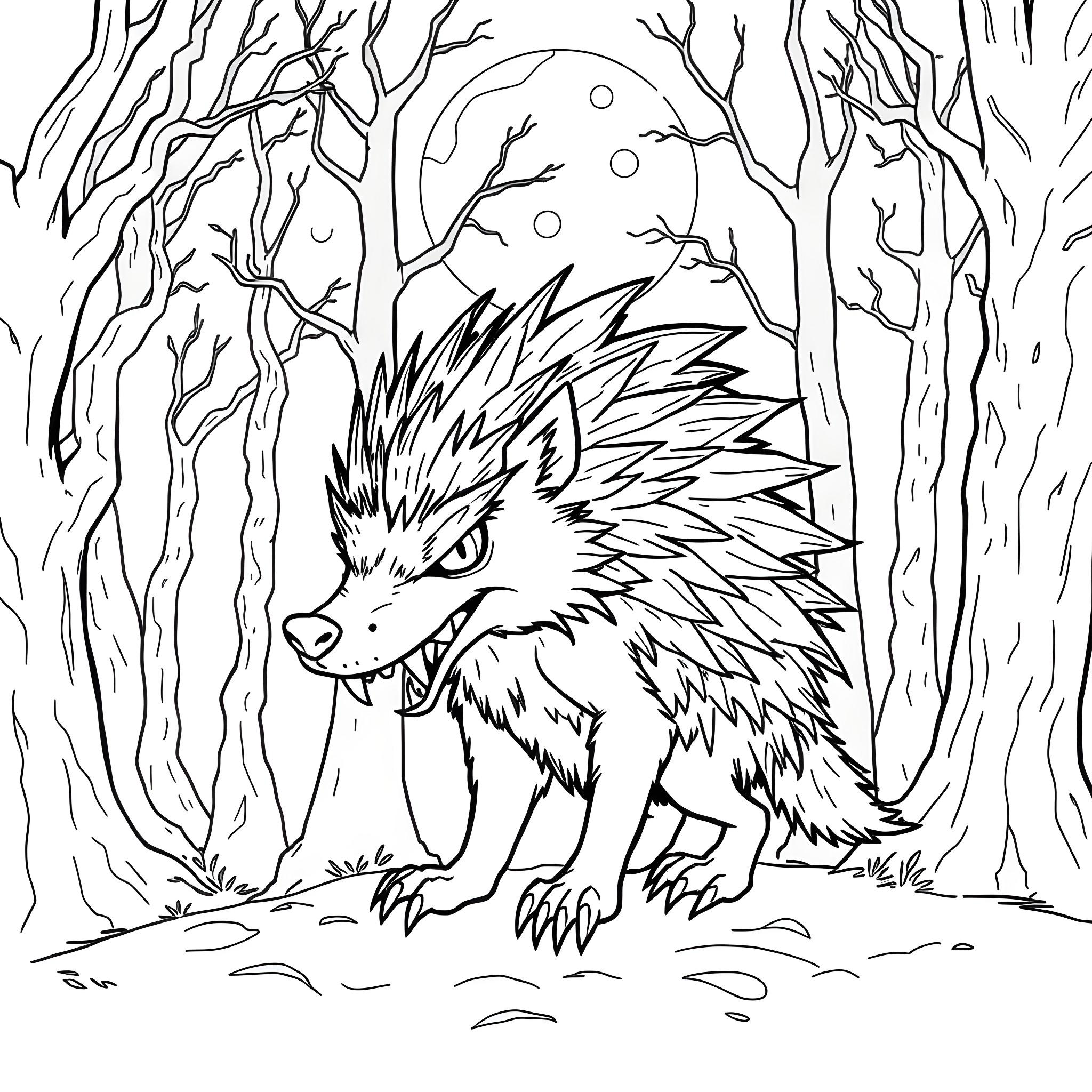 Werewolf stalking through the eerie forest Coloring Page (free black-and-white line drawing printable PDF for all, from beginners to advanced learners, including children, teens, adults, and seniors)