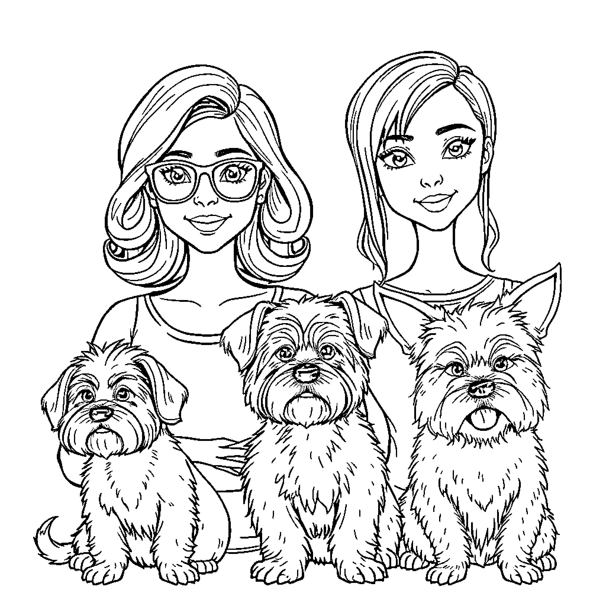 Woman with her adorable pet dogs Coloring Page (free black-and-white line drawing printable PDF for all, from beginners to advanced learners, including children, teens, adults, and seniors)
