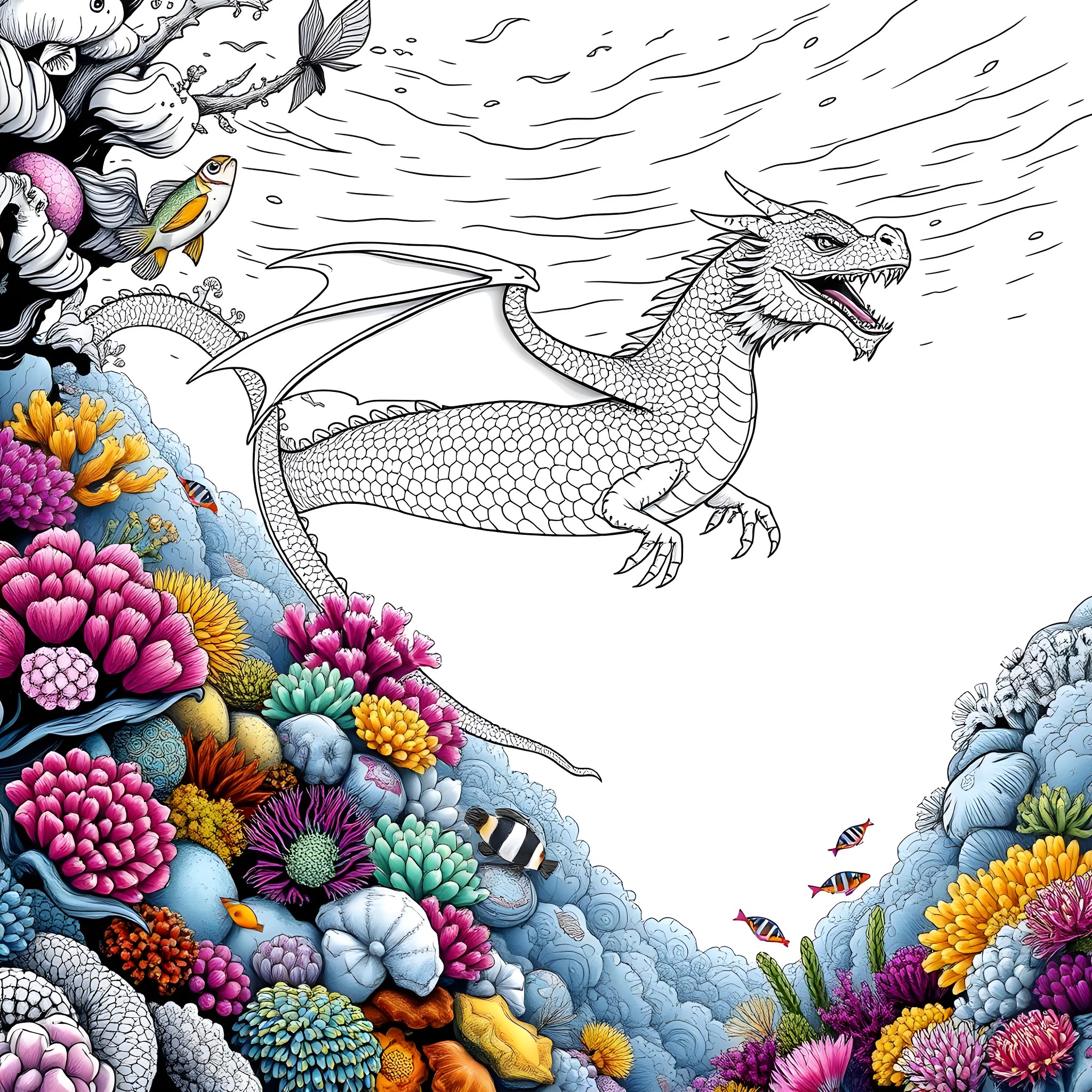 Dragon soaring over vibrant underwater scene Coloring Page (free black-and-white line drawing printable PDF for all, from beginners to advanced learners, including children, teens, adults, and seniors)